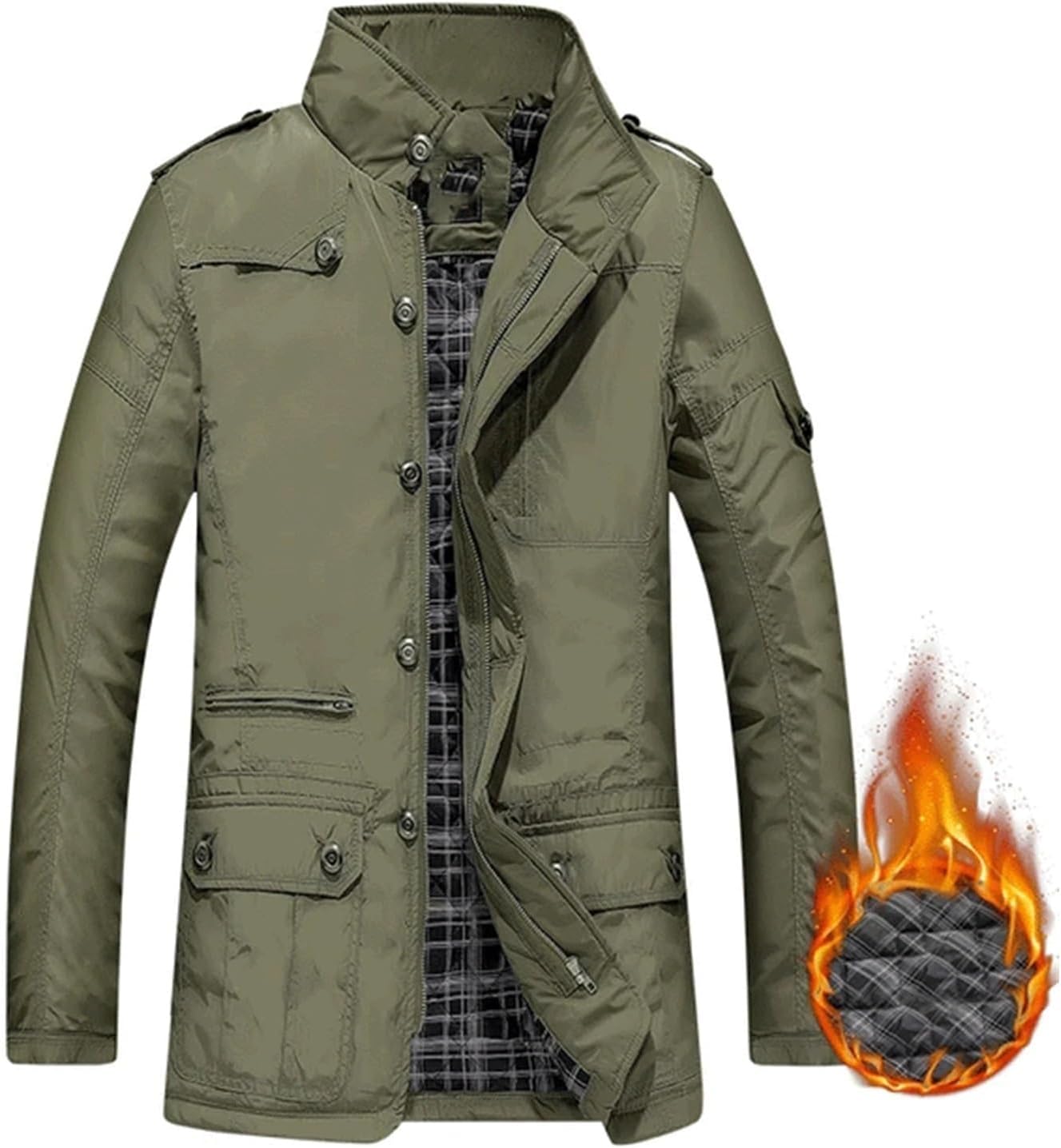 Men Autumn Winter Solid Color Cotton Fleece Warm Lapel Jacket Loose Many Pocket Outdoors Casual Windproof Male