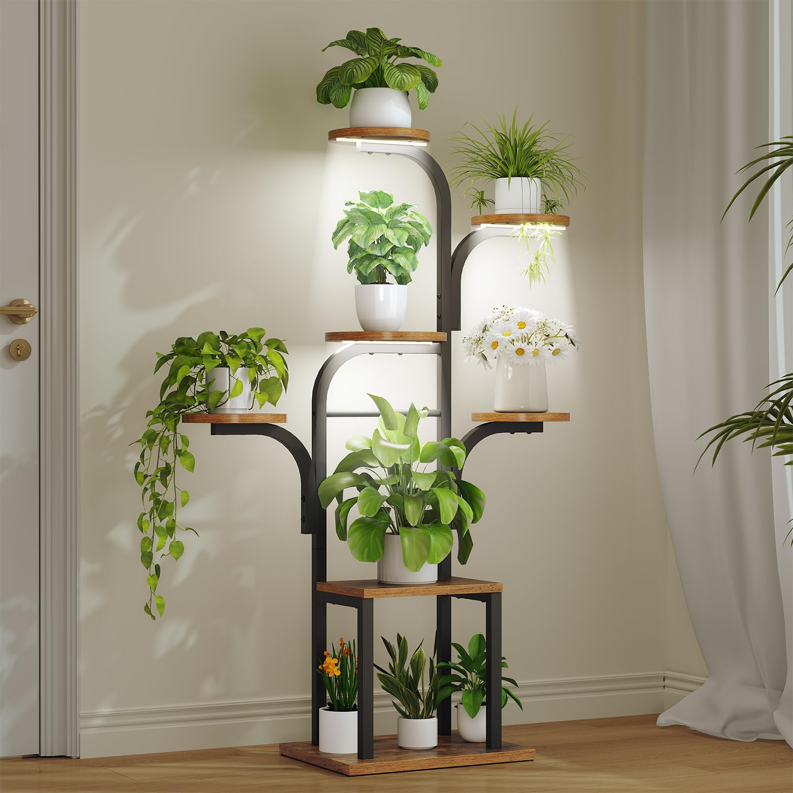 HOOBRO Support Plantes Interieur avec 3 Lampes de Croissance 7 Niveaux, Étagère Plante, Hauteur 120 cm, Minuterie 3/9/12 Heures, pour Salon, Chambre, Balcon, Marron Rustique et Noir EBF09DHJ01