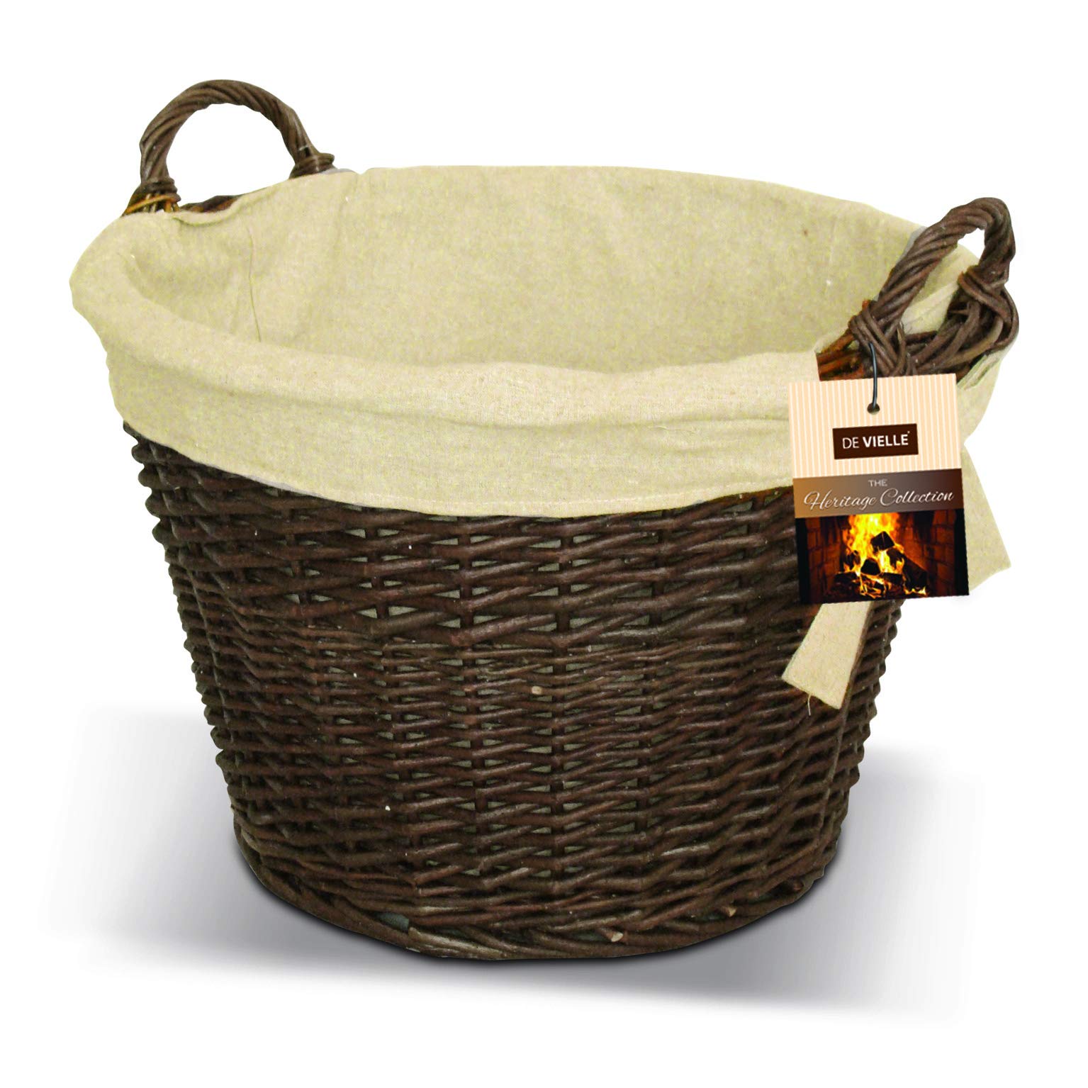 De Vielle Brown Wooden Fireside Fireplace Log Carrying Basket | Natural Wicker Round Basket With Canvas Liner