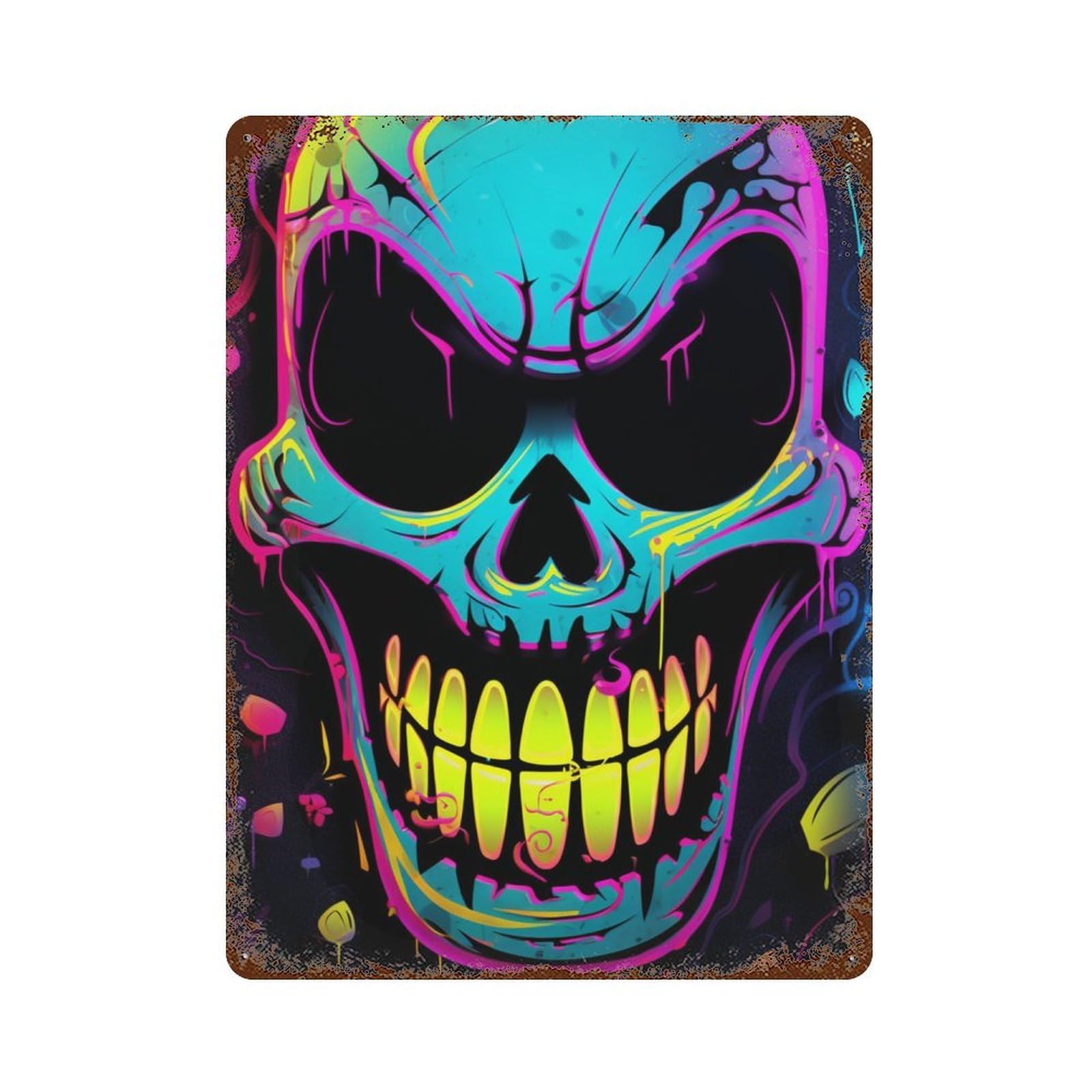 Neon Skull Art Print Rustic Tin Plaque 15.7"x11.8", Industrial Home Decor for Pub, Kitchen And Man Cave Decor