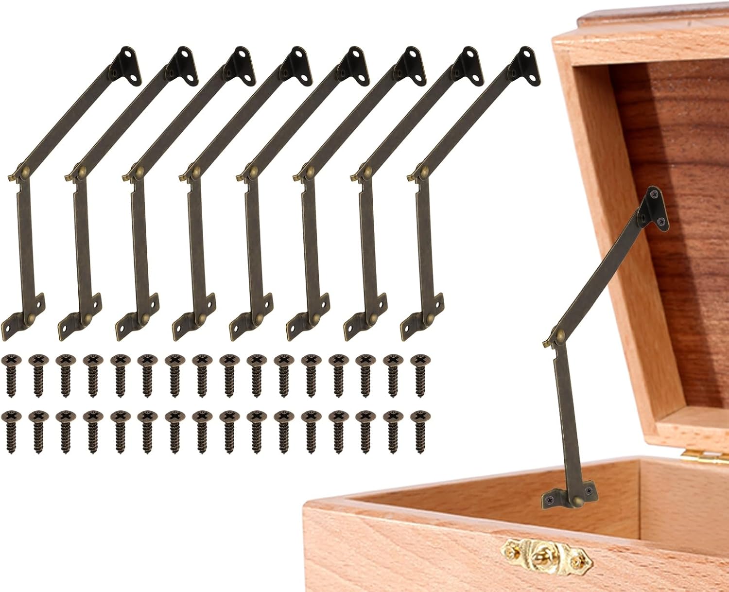 uxcell 8Pcs Folding Lid Support Hinges, 4.3" 180 Degree Rotatable Hinges, Iron Lid Stay Hinge for for Cabinet Wardrobe Wooden Jewelry Box Cupboard Storage Shelve, Bronze Tone