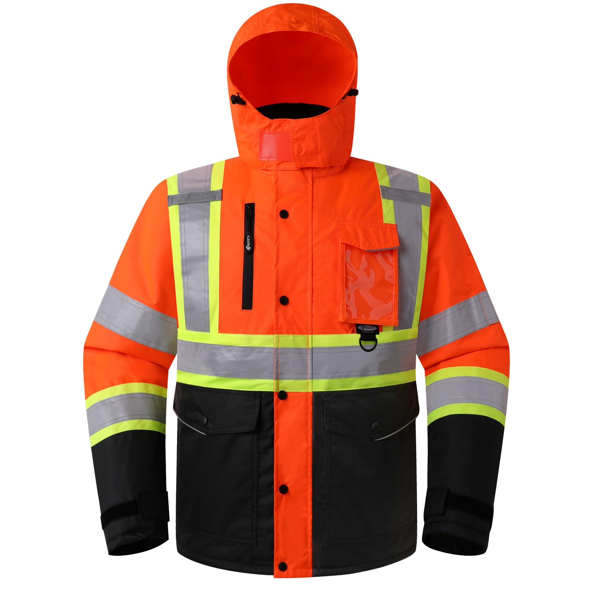 JKSafety Hi Vis Safety Jackets for Men High Visibility Bomber Jackets with Detachable Hood Meet ANSI Standard (BJ480)