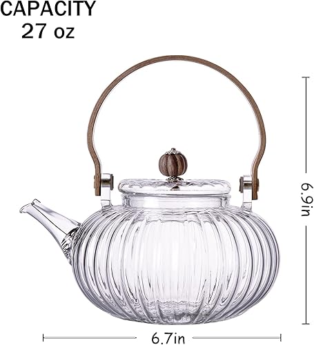 Miniatura 5 de Pumkin - Tetera de cristal, estufa y estufa eléctrica, segura, hervidor de té transparente, 27 onzas (27.1 fl oz), para té de flores florecientes y