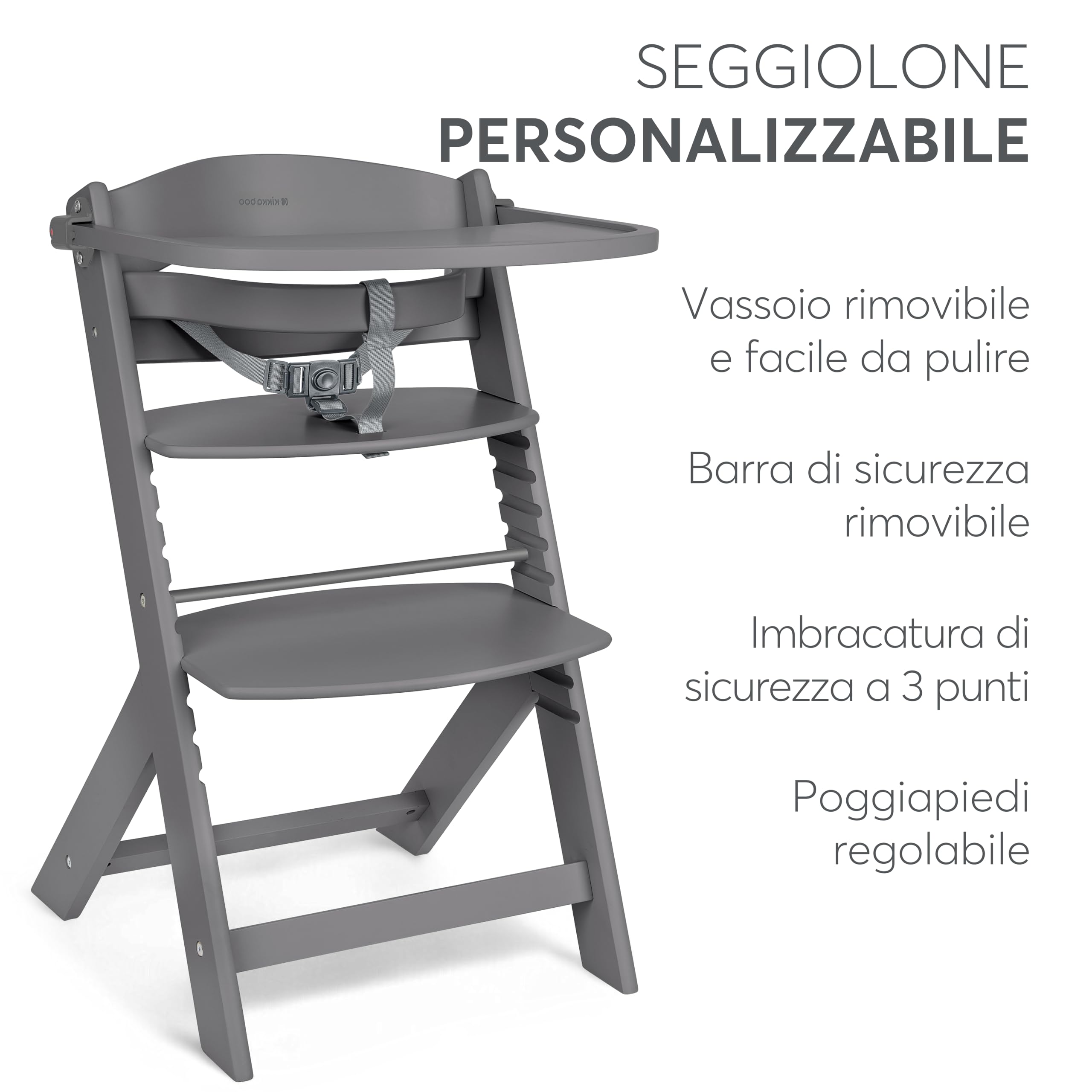 KikkaBoo NORDY Seggiolone in Legno per Bebè, Sedia Regolabile fino a 35 kg, Struttura in Faggio, Vassoio Rimovibile, Seduta e Poggiapiedi Regolabili, Barra di Sicurezza,Cintura a 3 Punti, Grigio Scuro