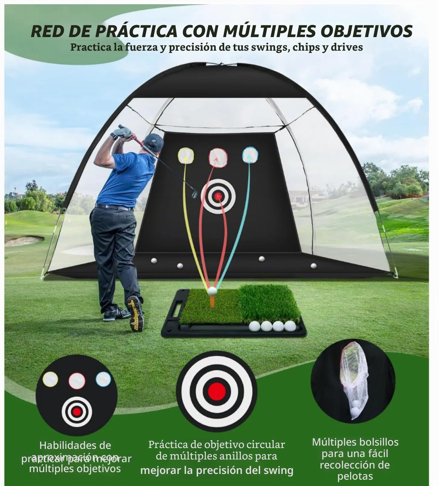 Jaula de golf de práctica 5 en 1 10 x 7 pies con objetivos de astillado, juego completo con alfombrilla, pelotas, camisetas y bolsa de transporte