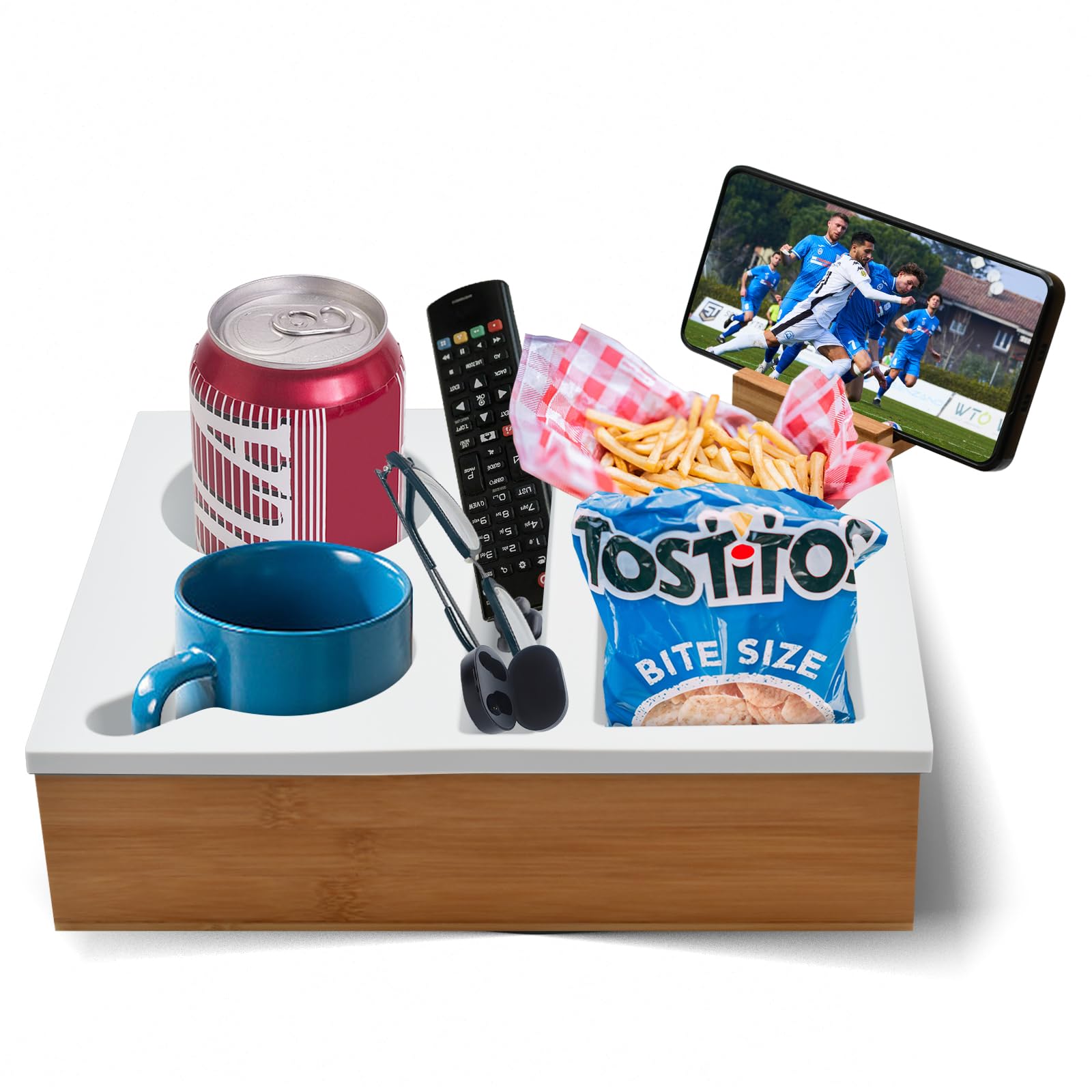 Couch Cup Holder Tray, Food Snacks Tray for Eating on Couch TV Watching with Anti-Spill Cup Holder, Couch Caddy Waterproof Wooden Bamboo Lap Tray for Couch Sofa Bed Car Backseat Drinks Remotes (White)