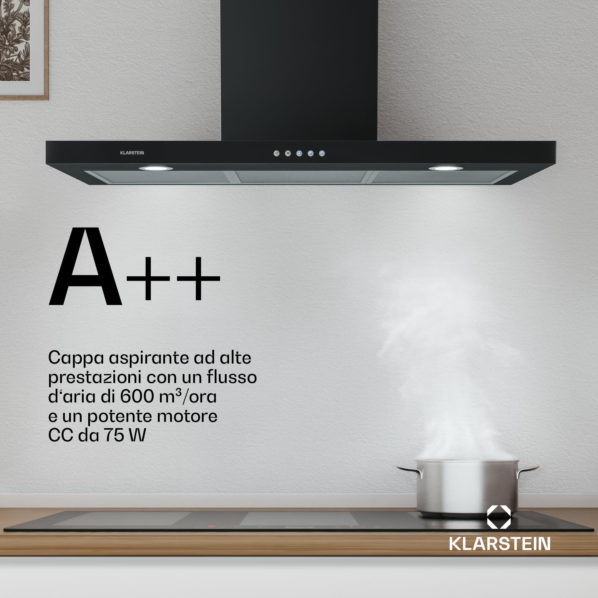 Klarstein Limelight Cappa da Cucina 90 cm - Cappa Aspirante a Parete 600 m³/h 3 Velocità LED Nero