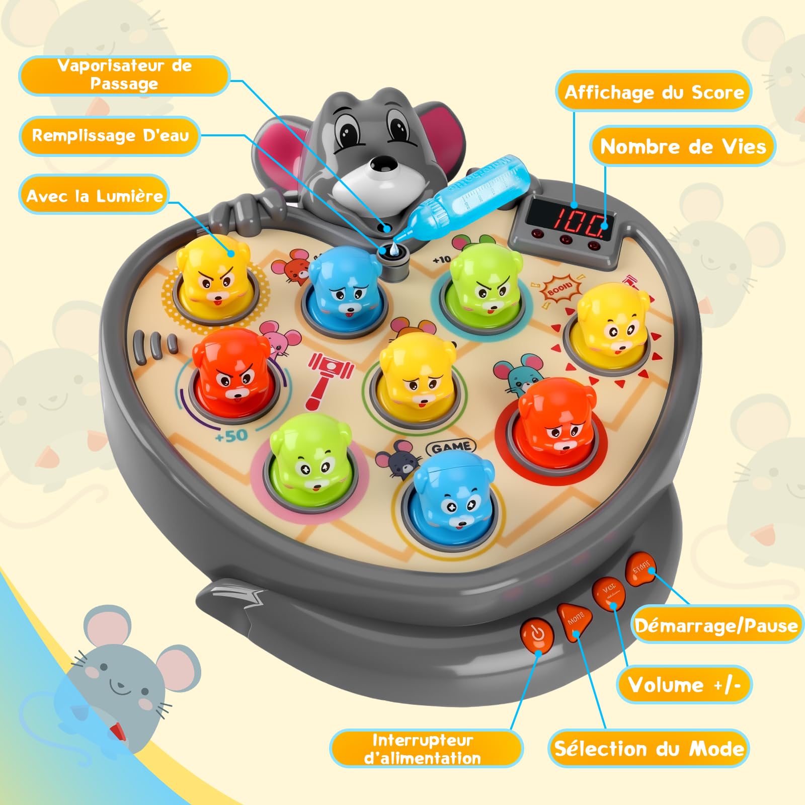 YOOHBERRYS Jeu de Taupe, Jeu de Marteau pour Enfants, Marteler des Jouets, Jouet de Whack avec 5 Modes, 9 Morceaux de Musique, 2 Marteaux, Jeux Montessori pour Les Bébés de 3-6 Ans