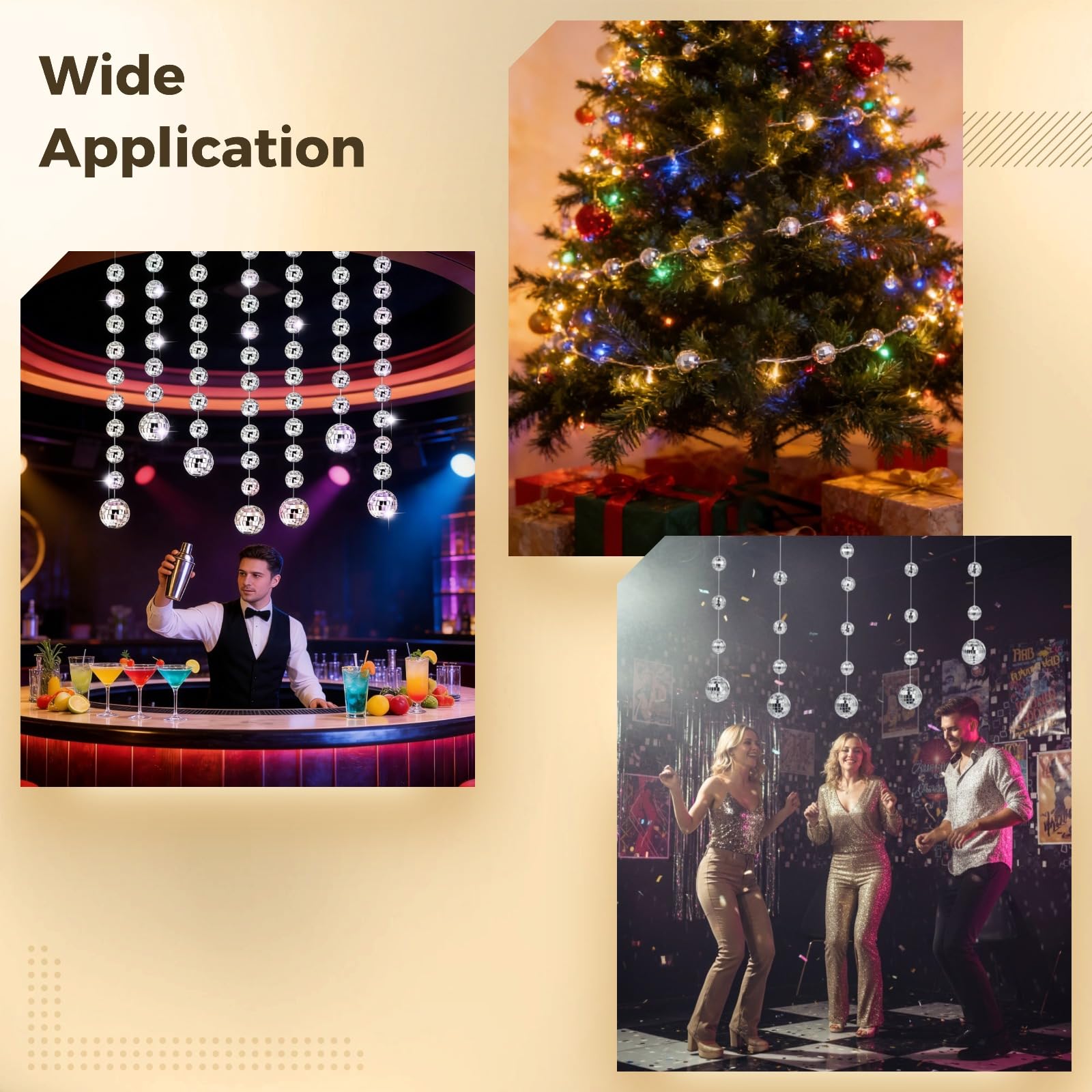 8 STK. Discokugel-Girlanden, Silberne Spiegelkugel-Hängeketten, Schimmernde Party-Hintergrundvorhänge, elastische Schnur mit einstellbarem Abstand, für Geburtstag, Hochzeit, Weihnachten