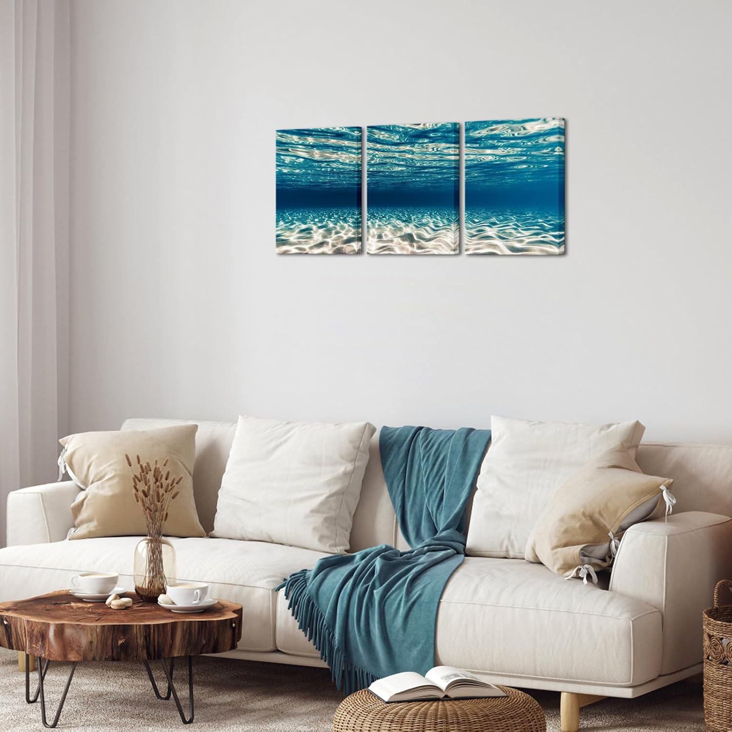 VANSEEING 3 Pieces Ocean Wall Art Teal Sea Underwater Landscape Pictures Modern Artwork Coastal Wall Decor for Bathroom Bedroom Living Room 12"x16"x3