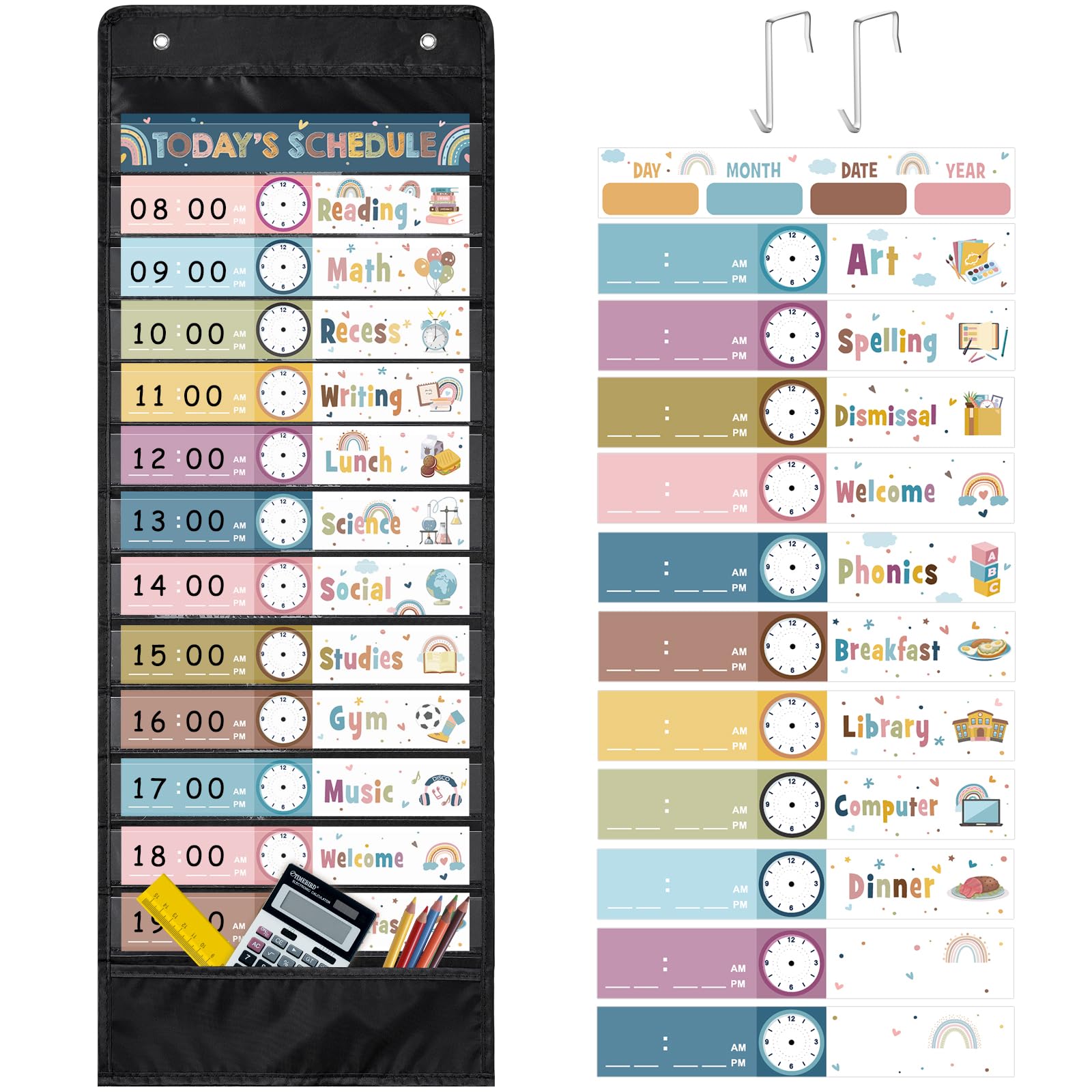 Boho Daily Schedule Pocket Chart for Classroom, 13+1 Pockets with 42 Designed Schedule Cards, Black Classroom Kids Daily Schedule Pocket Chart for Home Office Back to School Classroom Decorations