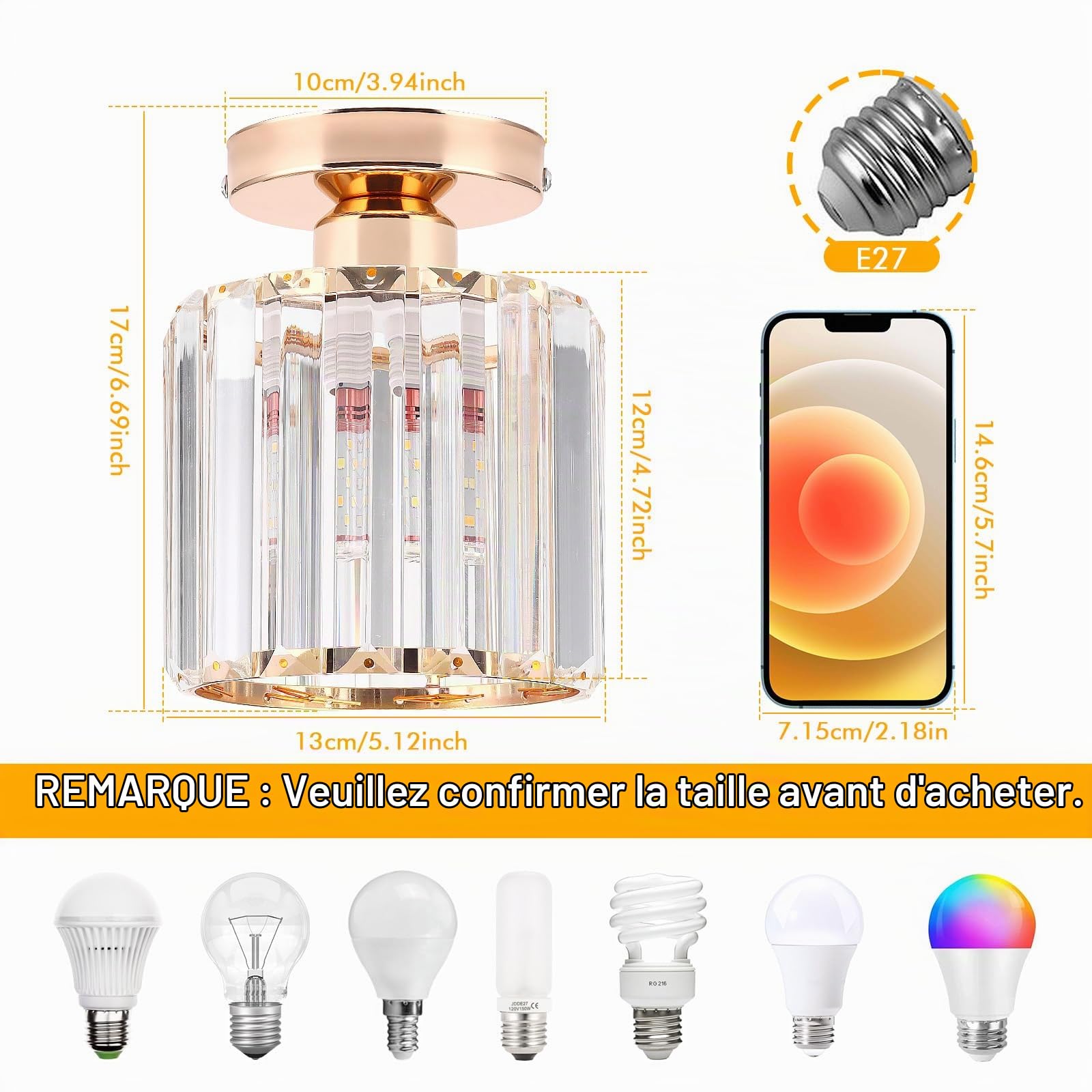 ALLOMN Plafonnier en Cristal Doré Semi-encastré, Lustre à LED Moderne pour Cuisine, Salle à Manger, Couloir, Salle de Bain, Balcon, Porche, Entrée
