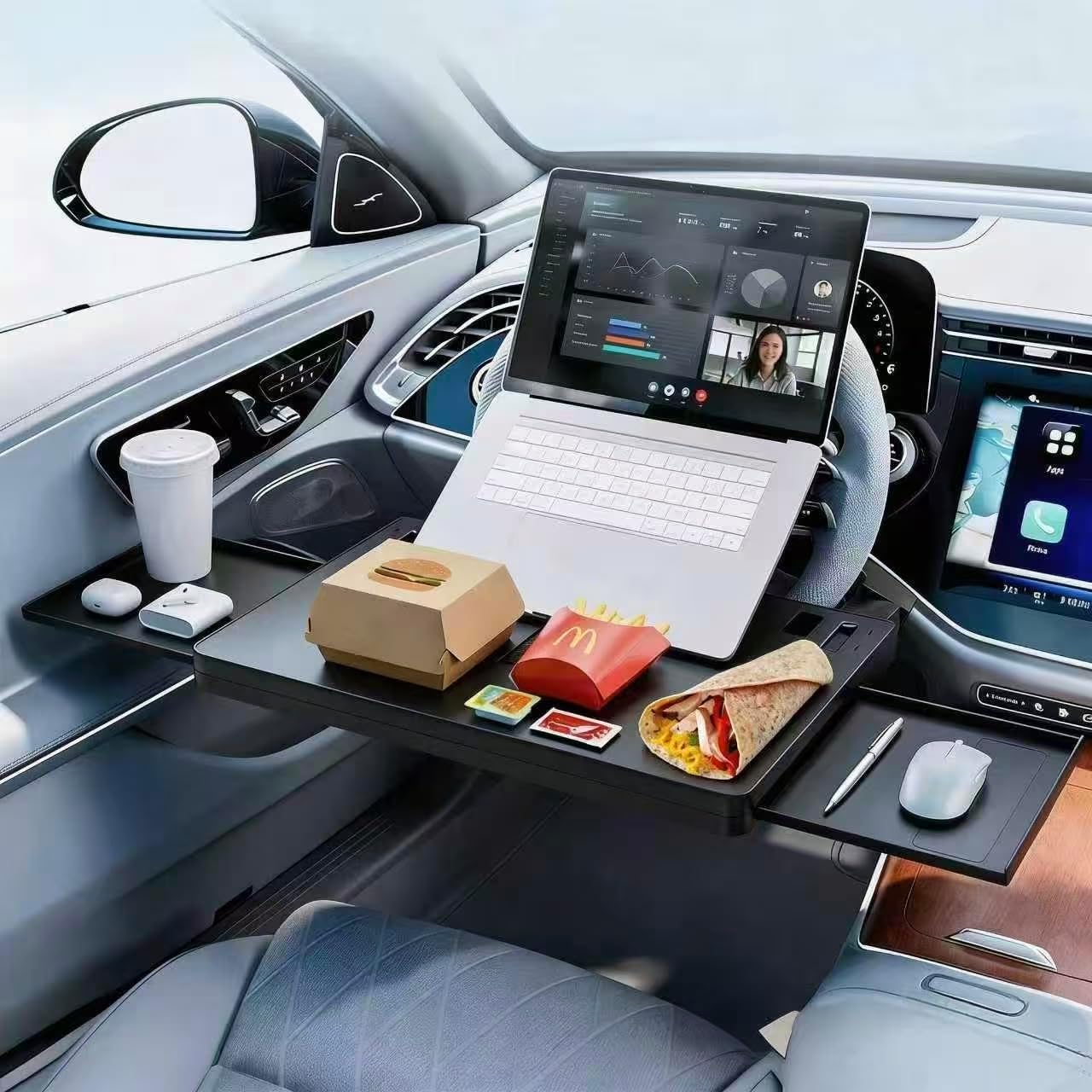 Steering Wheel Tray with Expandable Surface – Car Desk for Laptop, Universal Car Tray with Tablet Holder, Car Accessories for Writing/Laptop/Dining/Work