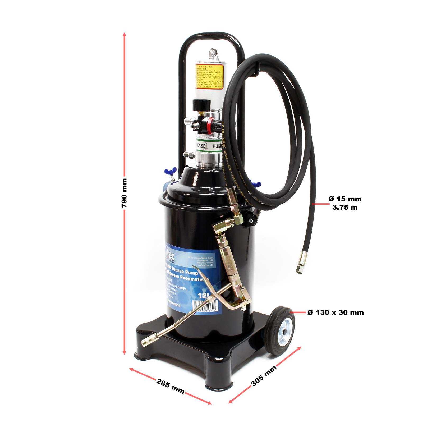 Wiltec Ingrassatore ad Aria compressa Professionale carrellato con Serbatoio da 12 Litri