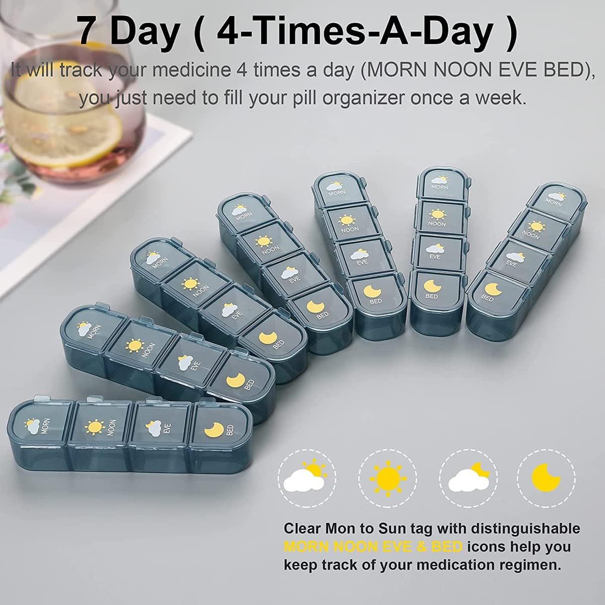 Large Pill Box Organizer 7 Day 4 Times A Day, Weekly Pill Container Easy Open, Daily Airtight Medicine Pill Case Waterproof Moisture Proof for Travel Pocket, BPA Free