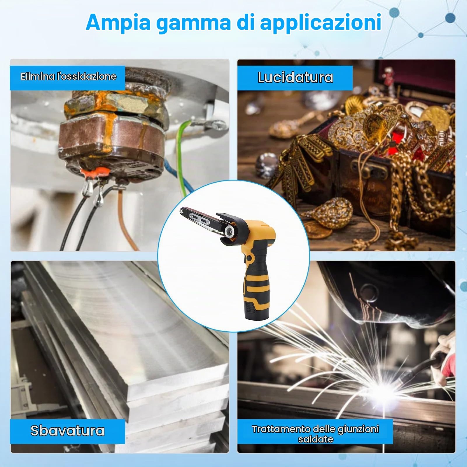 Weytoll Levigatrice a nastro senza fili da 16,8 V, 7000 giri/min, mini levigatrice a nastro con 10 nastri abrasivi in ​​ossido di alluminio, 2 batterie da 1500 mAh per legno, metallo e plastica