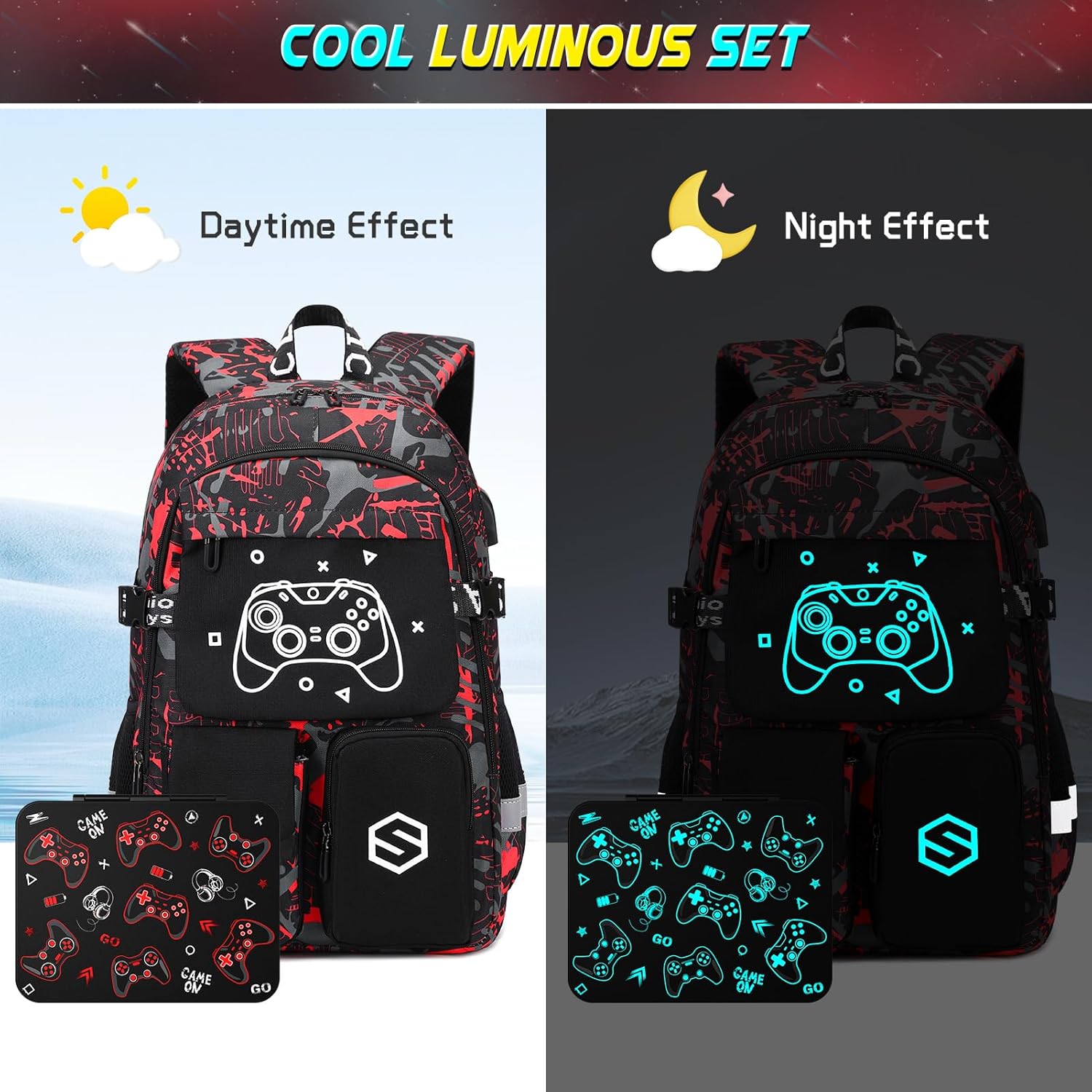 Scothen Boys Backpack, Cool Luminous Gamer School Backpacks for Boys with Kids Bento Lunch Box Lunch Bag Pencil Case, Kids Backpack Book Bags for Kindergarten Elementary Middle School