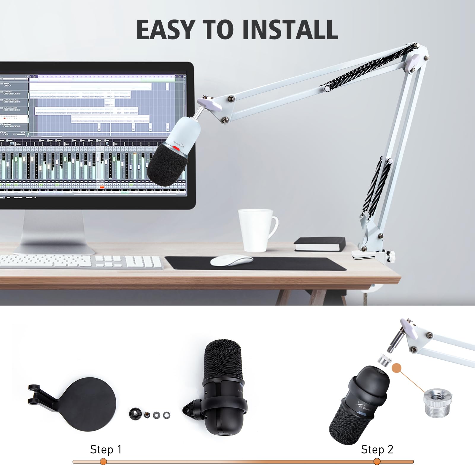 SUNMON Bras De Micro à Profil Bas, Bras Perche Pour HyperX QuadCast, Blue Yeti, Fifine AM8, HyperX SoloCast Et Plus Encore, Support De Micro En Métal Noir Avec Adaptateur 3/8" à 5/8