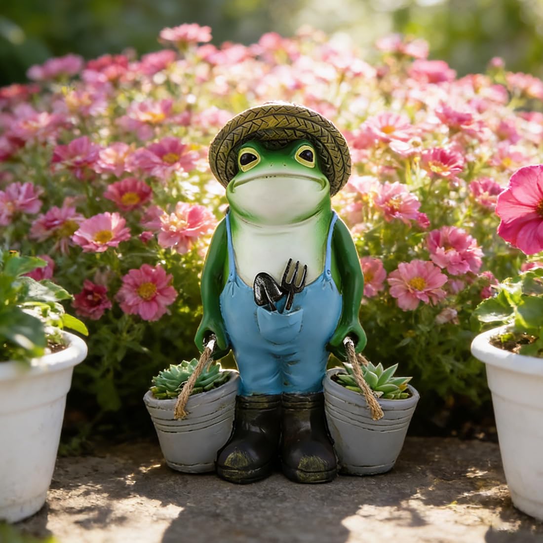 Wrqioo Green Farming Frog Garden Ornaments Outdoor, Frog Ornament Garden, Fro-G Gard-En Decor With 2 Buckets For Patio Lawn Yard, Fro-Gs Gar-Den Statue, Gifts For Families, Friends