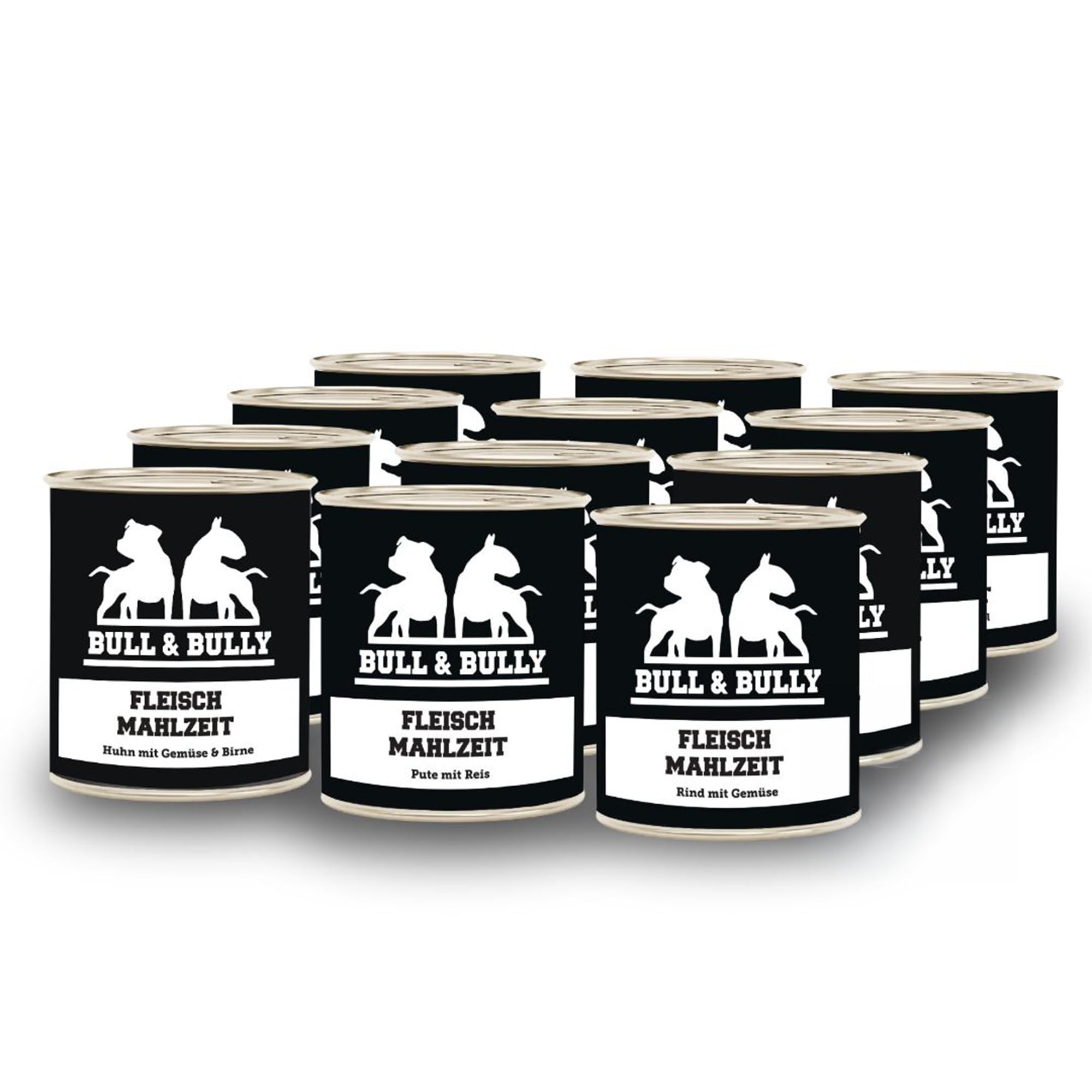 Hundefutter Nass 12x800g Probier-Bundle – Nassfutter für Hunde | Tierärzten entwickeltes Premium Dog Food mit hohem Fleischanteil für aktive Hunde – Ohne künstliche Zusätze von BULL & BULLY