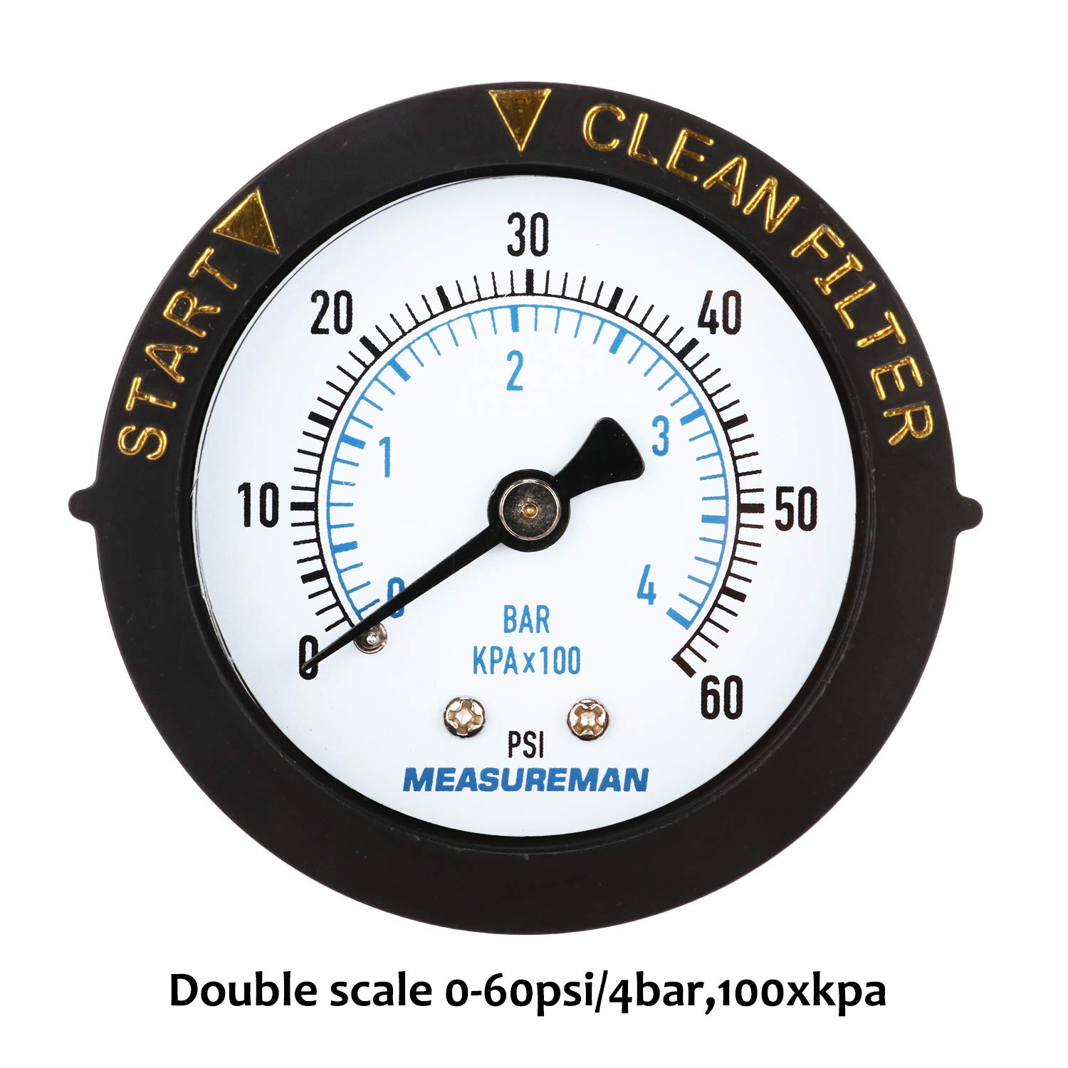 MEASUREMAN 2" Dry & Utility Pressure Gauge - 0-60Psi/bar, Start & Clean Filter, 1/4" NPT Center Back Mount