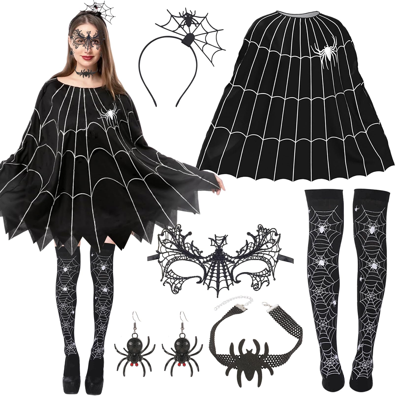Costume Halloween Adulto Fantasma Nero Con Ragnatela E Ragno Completo Di Cappello A Cilindro Taglia X1 - Foto 4