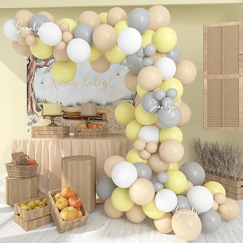 Soonlyn The Pooh - Kit de guirnalda de arco de globos para decoración de baby shower, 9-10 pies, 12 pulgadas, amarillo, nude, gris, blanco, para