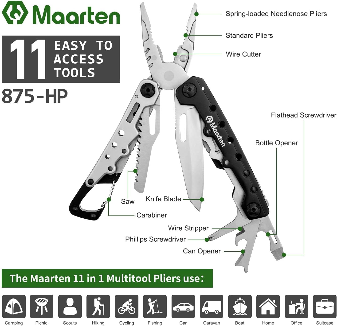 Maarten Lightweight Multitool Pliers, 11 in 1 Suspension Multi-Plier with Carabiner, Stainless Steel Portable Pocket Keychain Multi tool with Spring Pliers, Folding Saw, Bottle Opener and Sheath