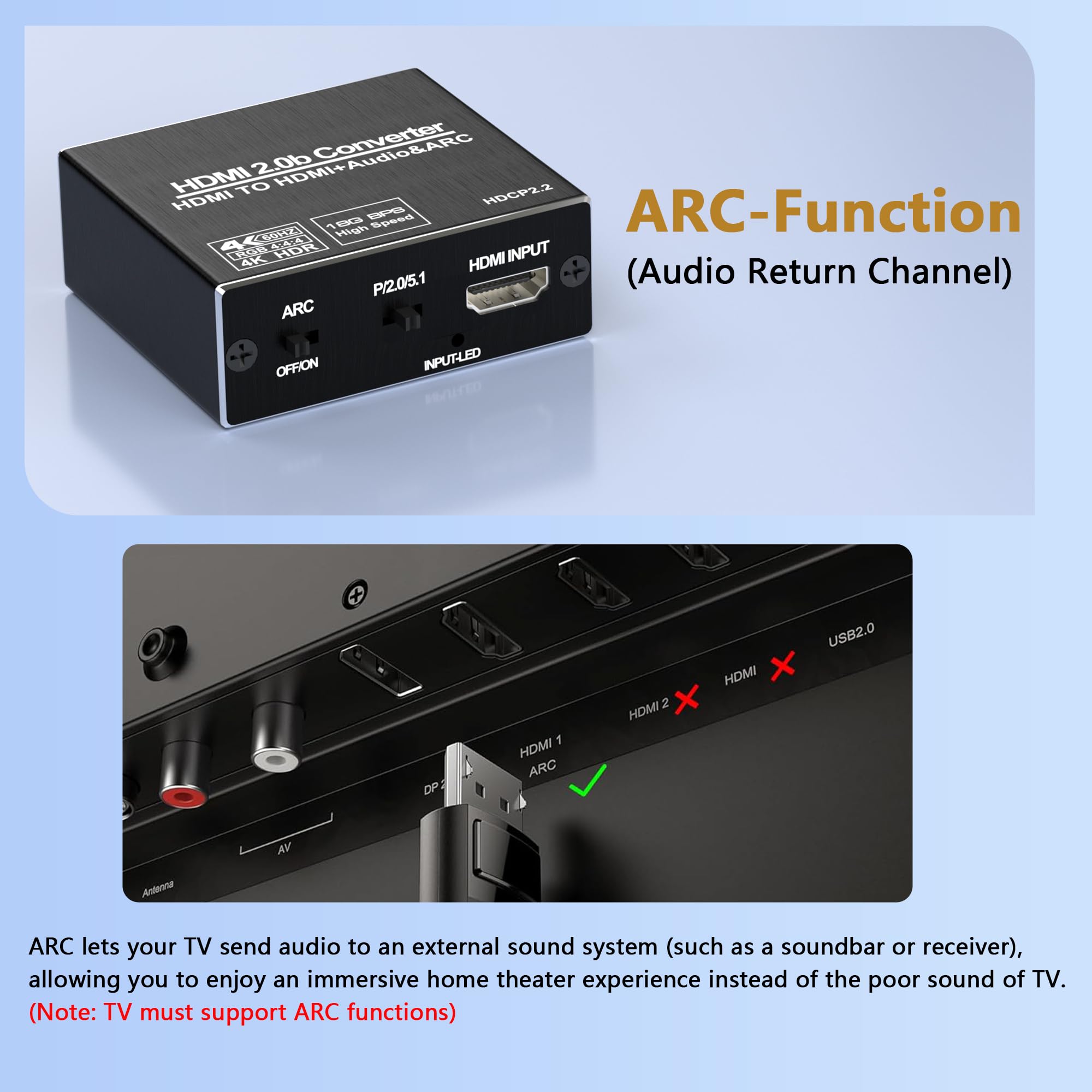 Estrattore audio HDMI ARC, splitter audio HDMI 4K a 60Hz, con SPDIF ottico e uscita da 3,5 mm, da TV a ottico Toslink SPDIF stereo, supporta HDCP 2.2 DTS 5.1 per TV, Soundbar, Home Theater