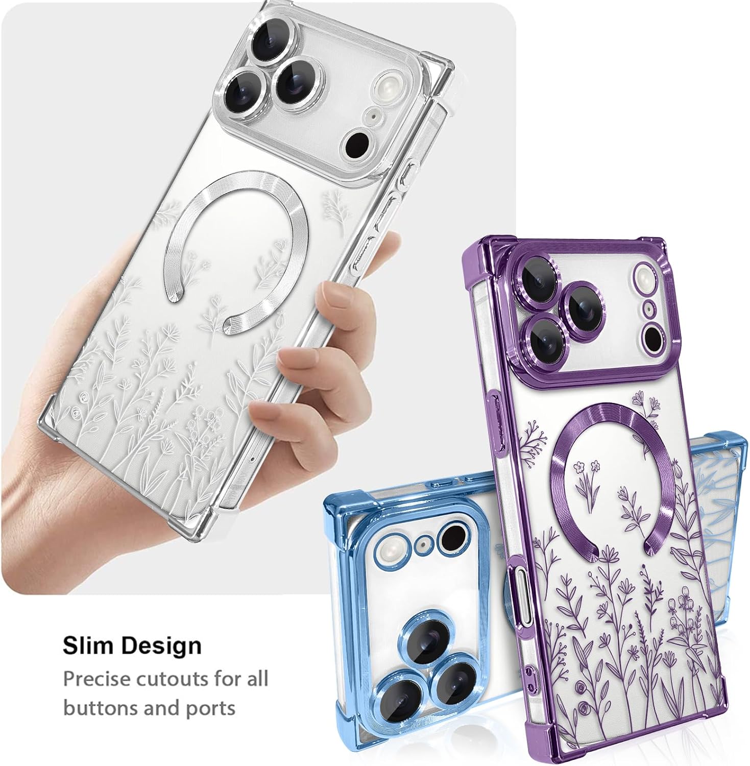 LSL Designed Case for iPhone 17 Pro Max [Compatible with MagSafe] Flower Pattern Design Soft TPU Anti-Drop Shockproof Protective Slim Luxury Floral Plating Clear Cover - Silver