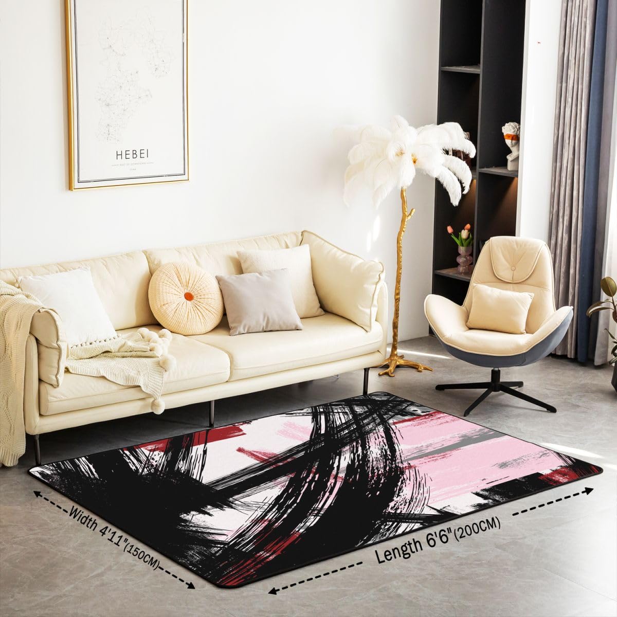 Homewish Różowy i czarny abstrakcyjny dywan 150 x 200 cm do sypialni - geometryczne dywany sztuka nowoczesna salon akwarela paski nie gubi włosia dywan współczesne graffiti estetyczne duże dywany