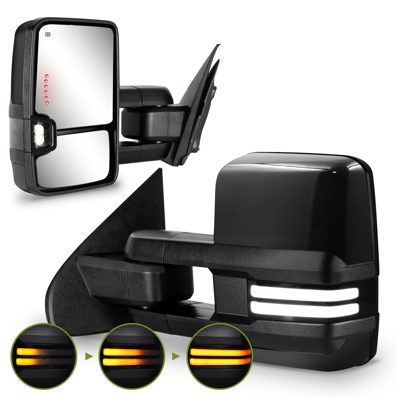 Towing Mirrors for Chevy Silverado/GMC Sierra 1500 (2014-2018), 2500HD/3500HD (2015-2019) Switchback Dynamic Turn Signal/Running Lights Power Heated (Painted Black)