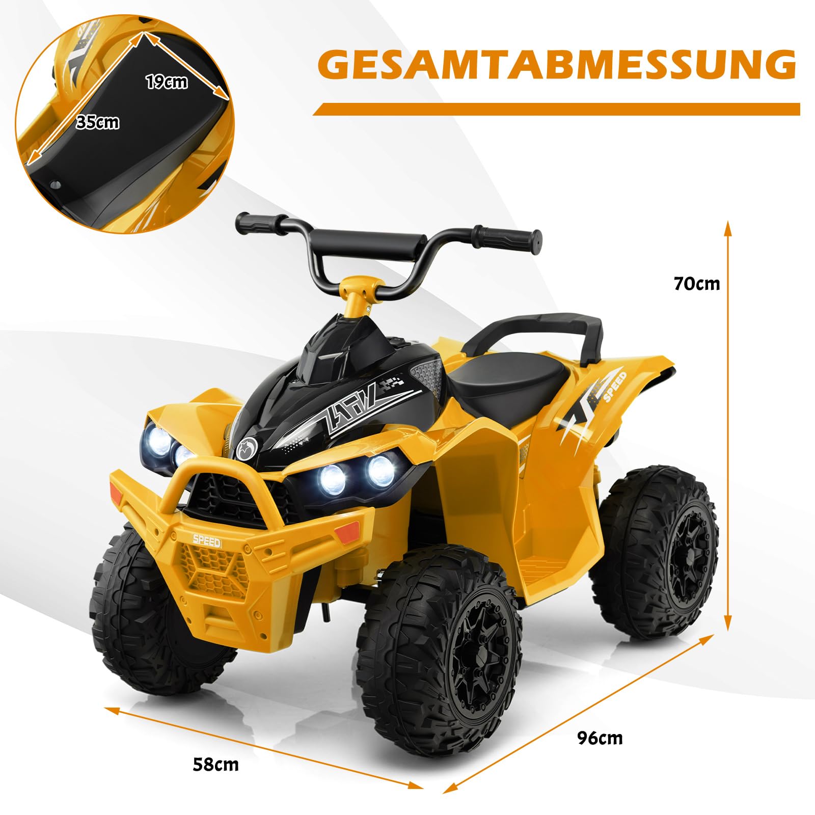 COSTWAY 12V Elektro Kinderquad, Elektroquad mit 2,2/4,3 KM/H Geschwindigkeit, Kindermotorrad mit Hupe, Musik & LED-Leuchten, Elektro Quad für Kinder von 3 bis 8 Jahren (Gelb)