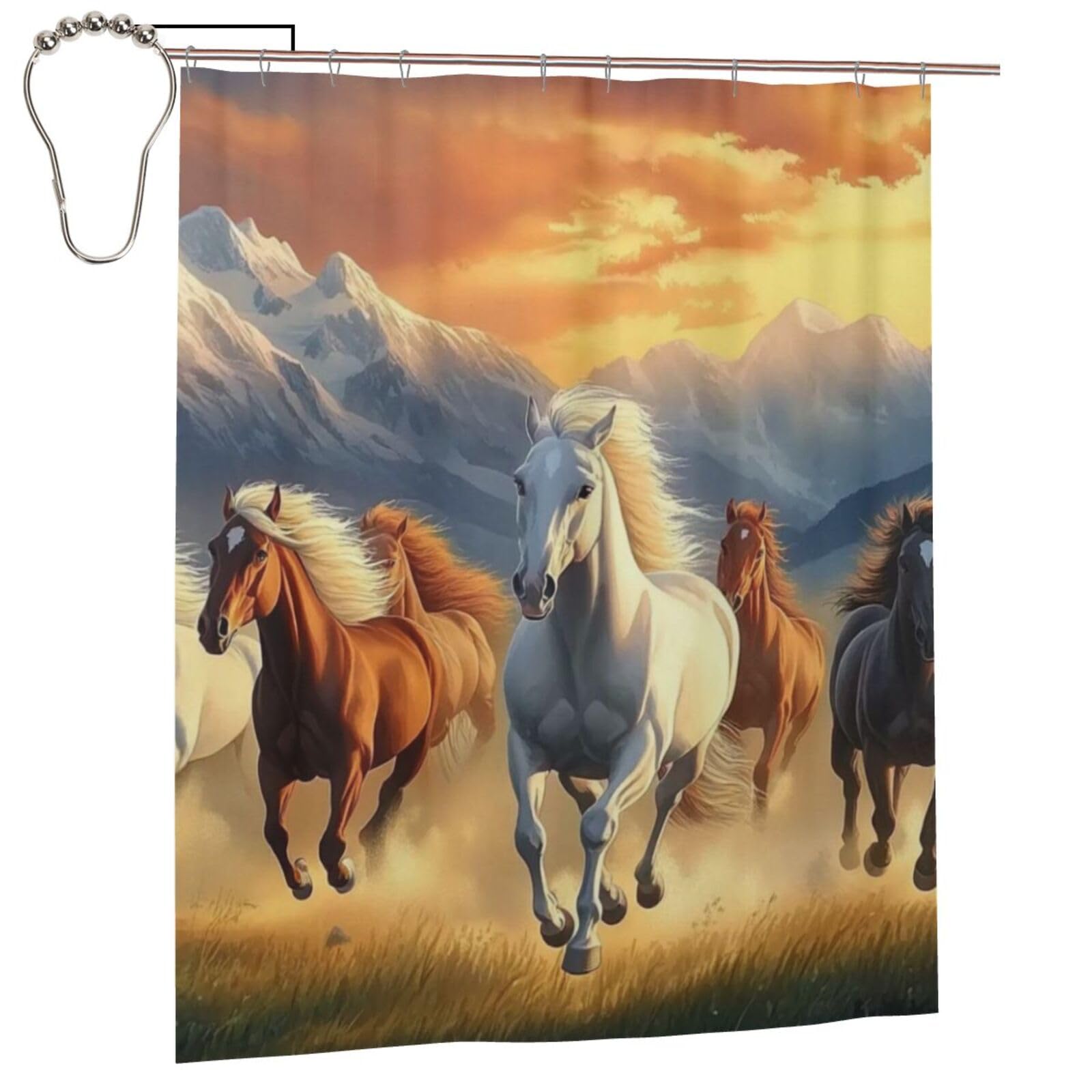 Majestic - Cortina de ducha con estampado de caballos galopantes al atardecer, 152 x 183 cm, tela de poliéster impermeable, decoración de bañera con 12 ganchos, secado rápido, lavable