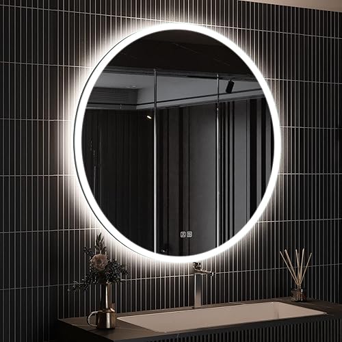 ROOMTEC Espejo de baño LED redondo de 32 pulgadas, montaje en pared, regulable en 3 colores, IP54 impermeable, tacto inteligente, maquillaje antivaho