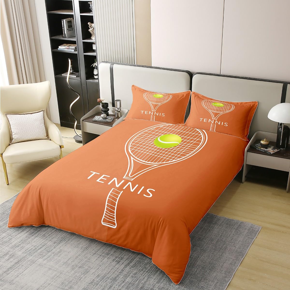 3 Pieces Boys Girls Tennis Duvet Cover 100% Cotton Full,Outdoor Sport Cartoon Tennis Racket and Ball Comforter Cover with Zipper Closure,3D Ball Pattern Watercolor Sport Bedding (Not Comforter)