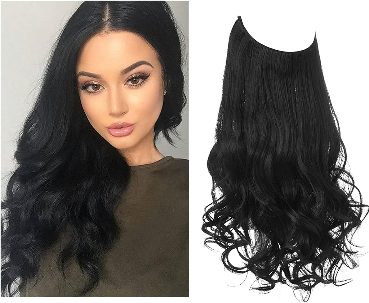 SARLA Black Halo Hair Extensions Long Wavy Curly Synthetic Hair Piece for Women Adjustable Size Transparent Wire Headband Heat Friendly Fiber 22 Inch 5.3 Oz No Clip (M01-22&1B)