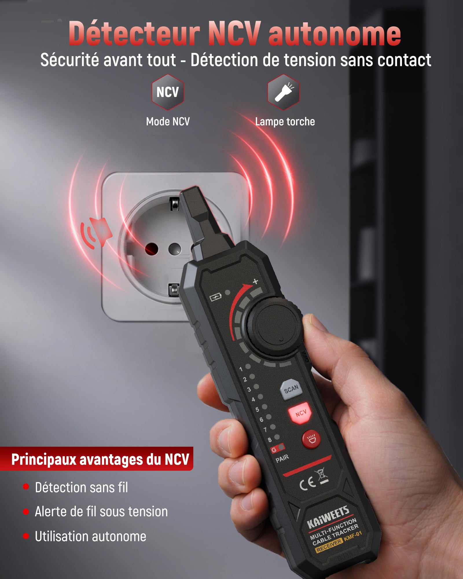 KAIWEETS Multimètre Numérique & Détecteur de Câbles 3-en-1, Multimètre Digital Automatique de Valeur Efficace Vraie 4000 Comptes, Testeur de Câbles RJ45/RJ11 et NCV pour Electriciens, Bricoleurs, Etc