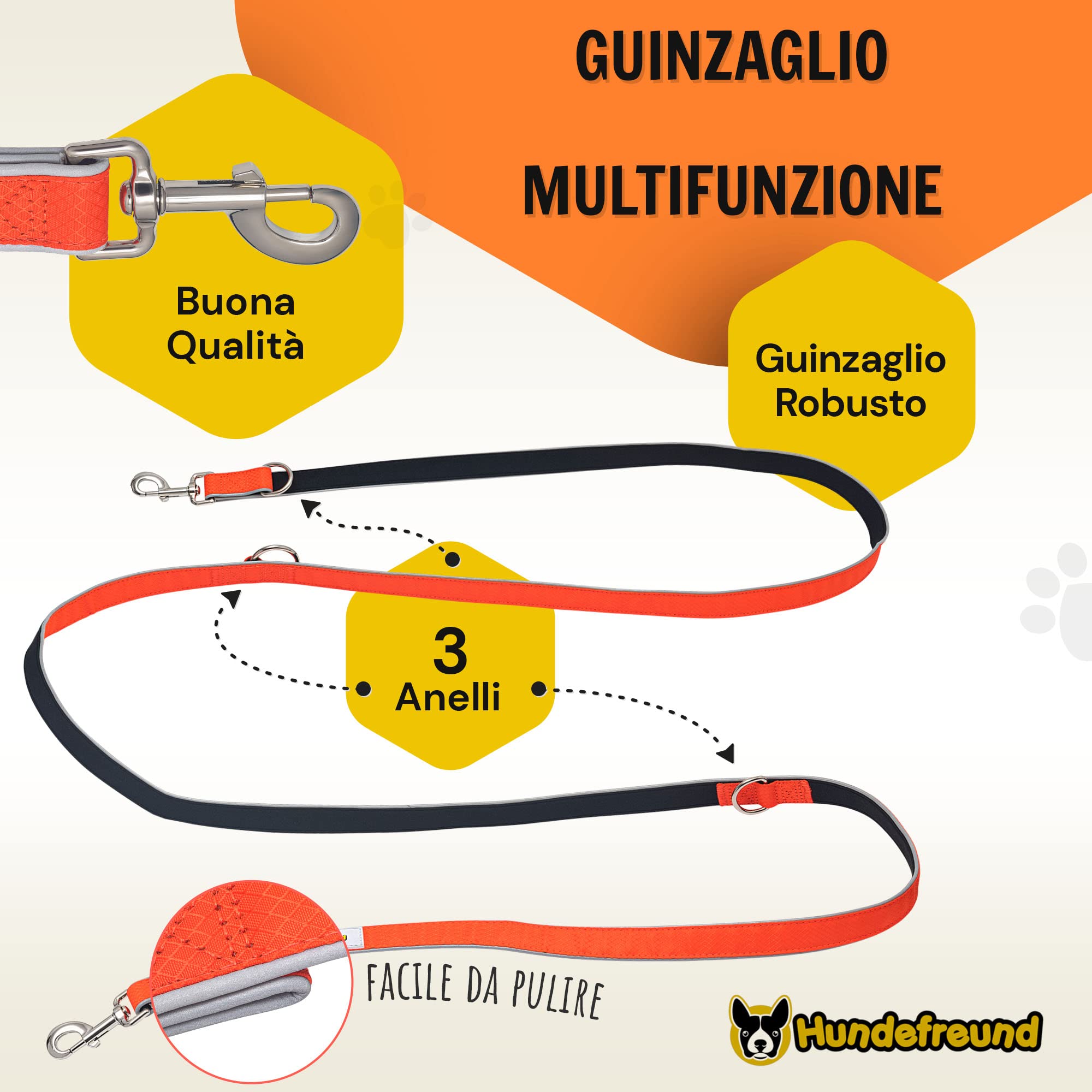 Hundefreund Guinzaglio multifunzione (6 in 1), regolabile, 3 m, da appendere, riflettente, con 3 anelli per cani di medie e grandi dimensioni, guinzaglio doppio per spalle e guinzaglio sportivo