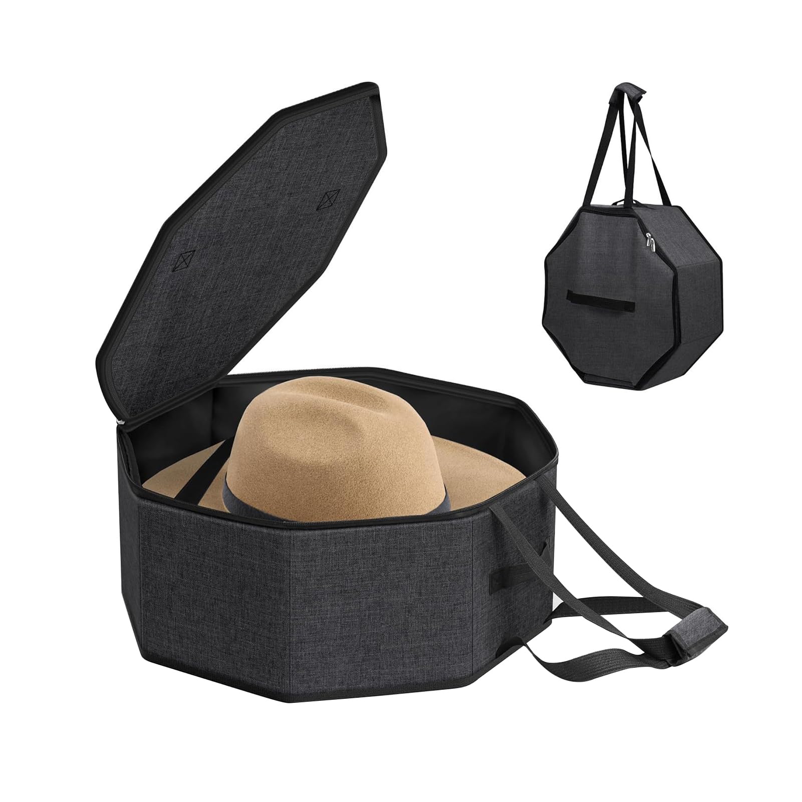 Scatola Porta Cappelli Pieghevole con Coperchio e Tracolla, Custodia da Viaggio per Cappelli da Cowboy e Baseball, Organizer Impilabile per Armadio (Nero,43 x 43 x 18 cm)