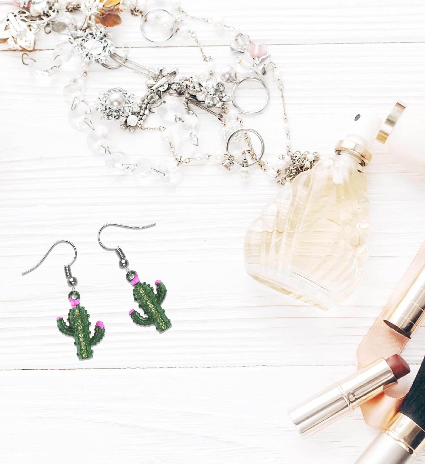 Silver Cactus Sparkling Earrings - Cute Silver Dangle Earrings Plated in Silver Color with Zinc Alloy Cactus Charm Sparkly Pendant, Elegant Silver Earrings Gift - Image 7