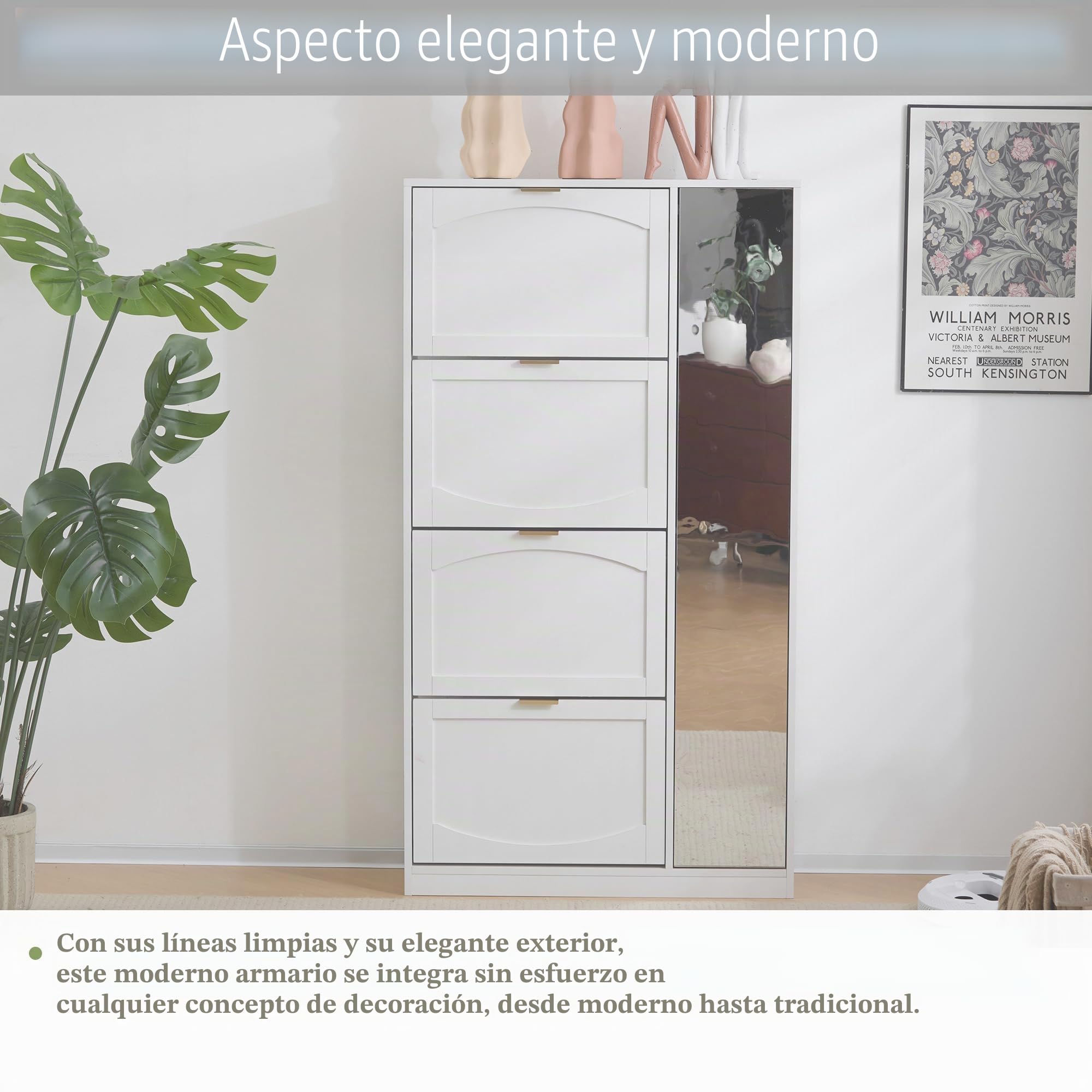 Kebnor Zapatero moderno con espejo, 4 compartimentos plegables, estante ajustable detrás del espejo derecho, ideal para pasillo, color blanco, tamaño: B80/H147/T24 cm