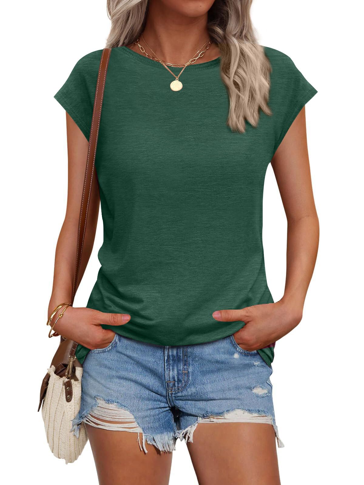 AirMood Damen-T-Shirt mit Flügelärmeln, Rundhalsausschnitt, Sommer, lässig, einfarbig
