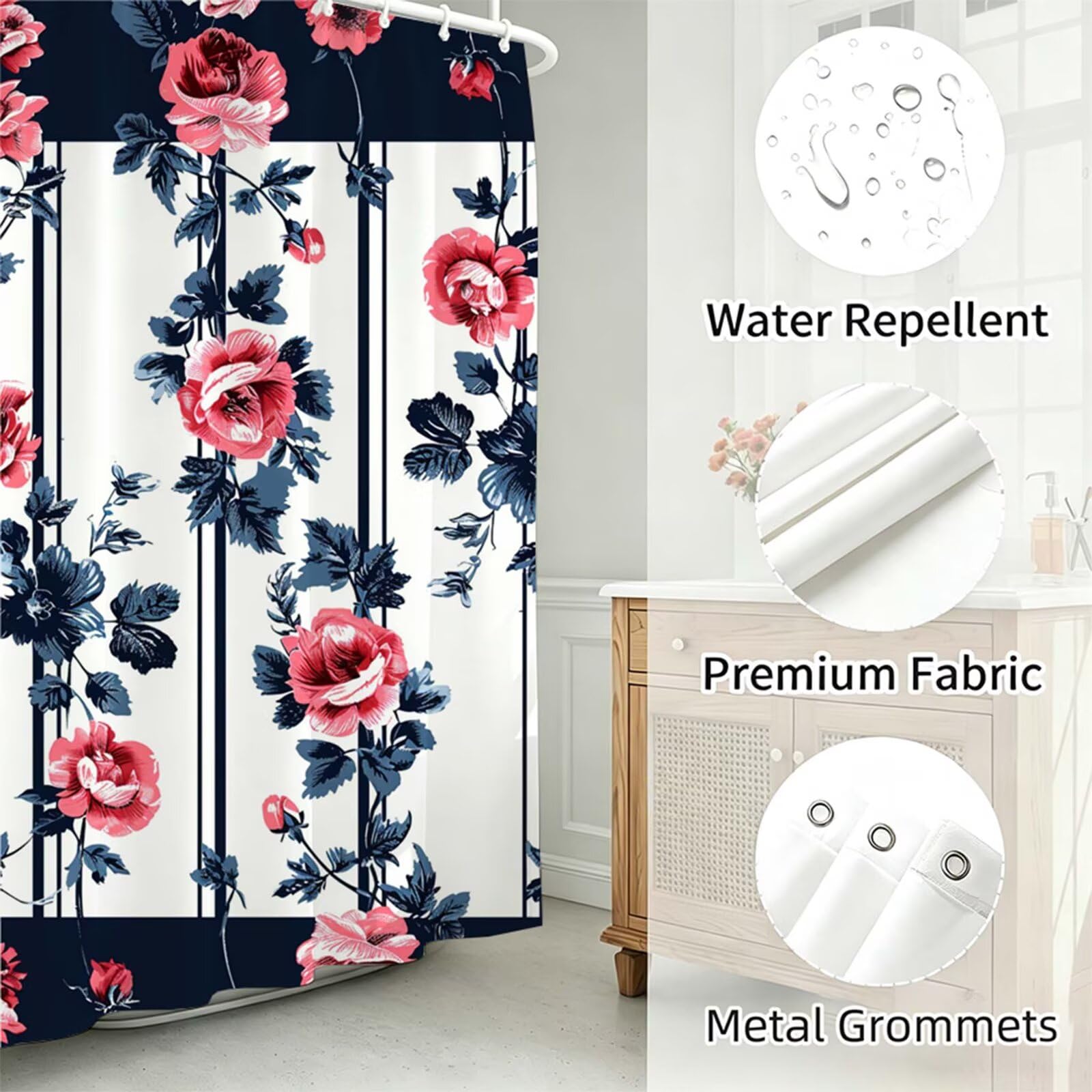 In bianco e nero Tenda Doccia 180x240cm, Tenda per Doccia Tessuto Poliestere Impermeabile Asciugatura Rapida con 12 Anelli, Tende Finestra Bagno e Vasca Pieghevole Shower Curtain Retro J-590