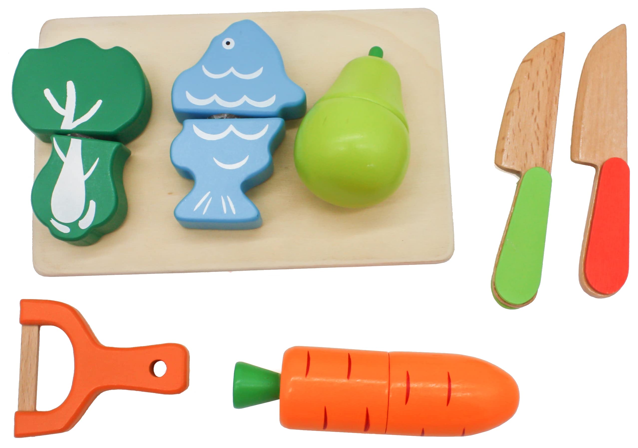 Mamabrum Frutas y Verduras Juguete - Set de Comida Madera con 17 Elementos Magnéticos - Comida de Juguete para Cocinita Infantil con Tabla, Cuchillos y Caja Almacenamiento - 3+ Años