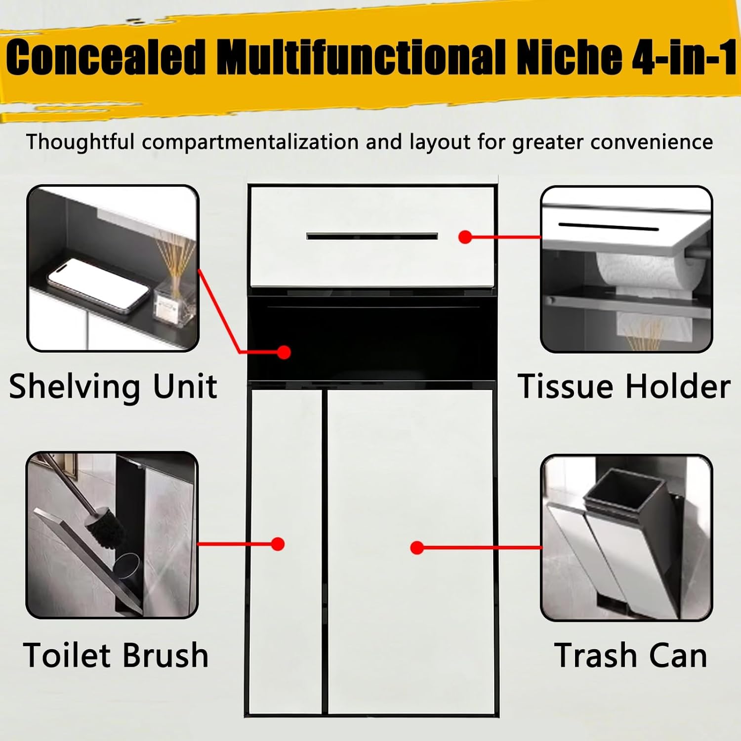 4-in-1 Shower Niche Storage Cabinet, Recessed Toilet Paper Holder with Dispense, Tile Ready Toiletries Storage Rack for Toilet Utensils Storage