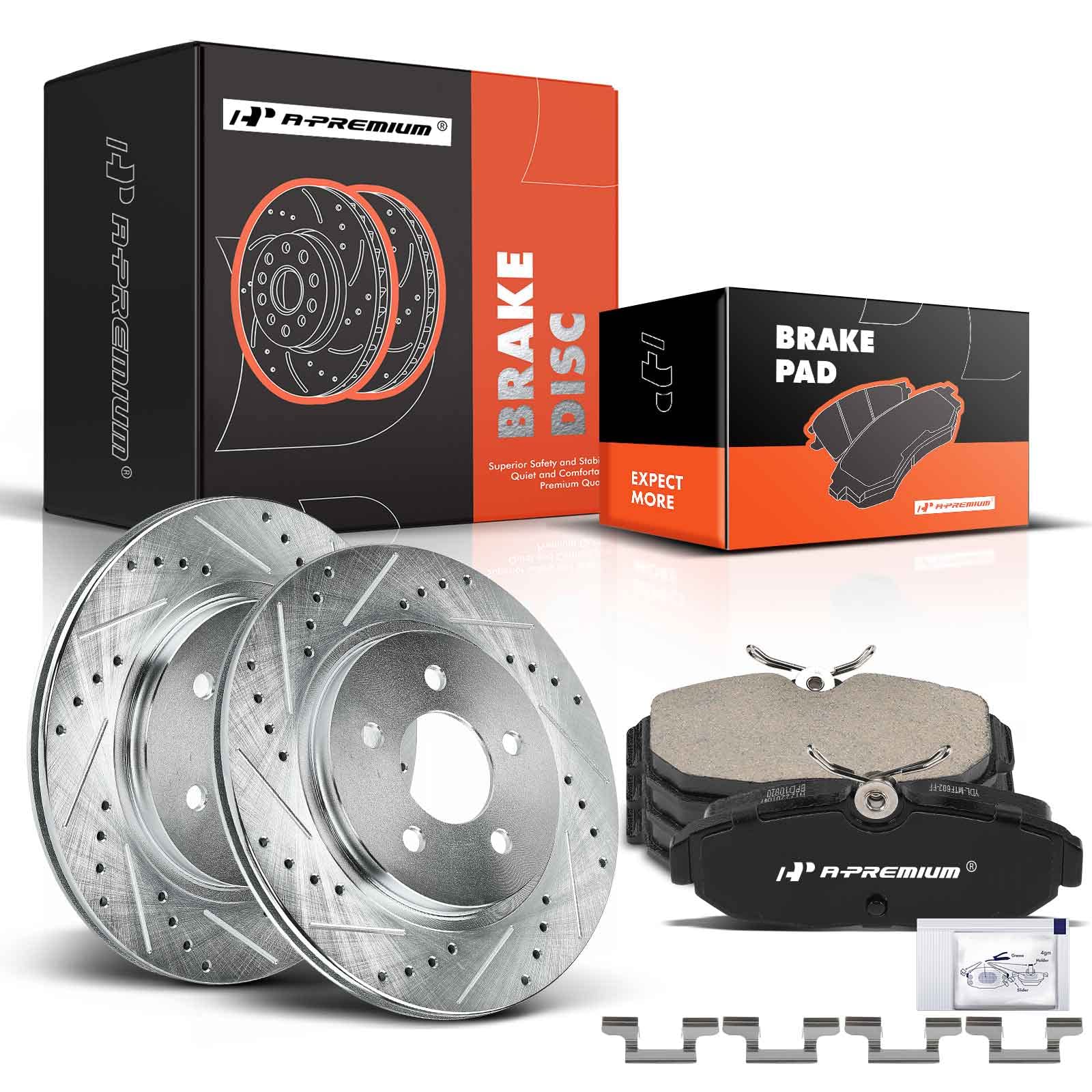 A-Premium 11.82 inch (300mm) Rear Drilled and Slotted Disc Brake Rotors + Ceramic Pads Kit Compatible with Select Ford Models - For Mustang 2005 2006 2007 2008 2009 2010 2011, 6-PC Set
