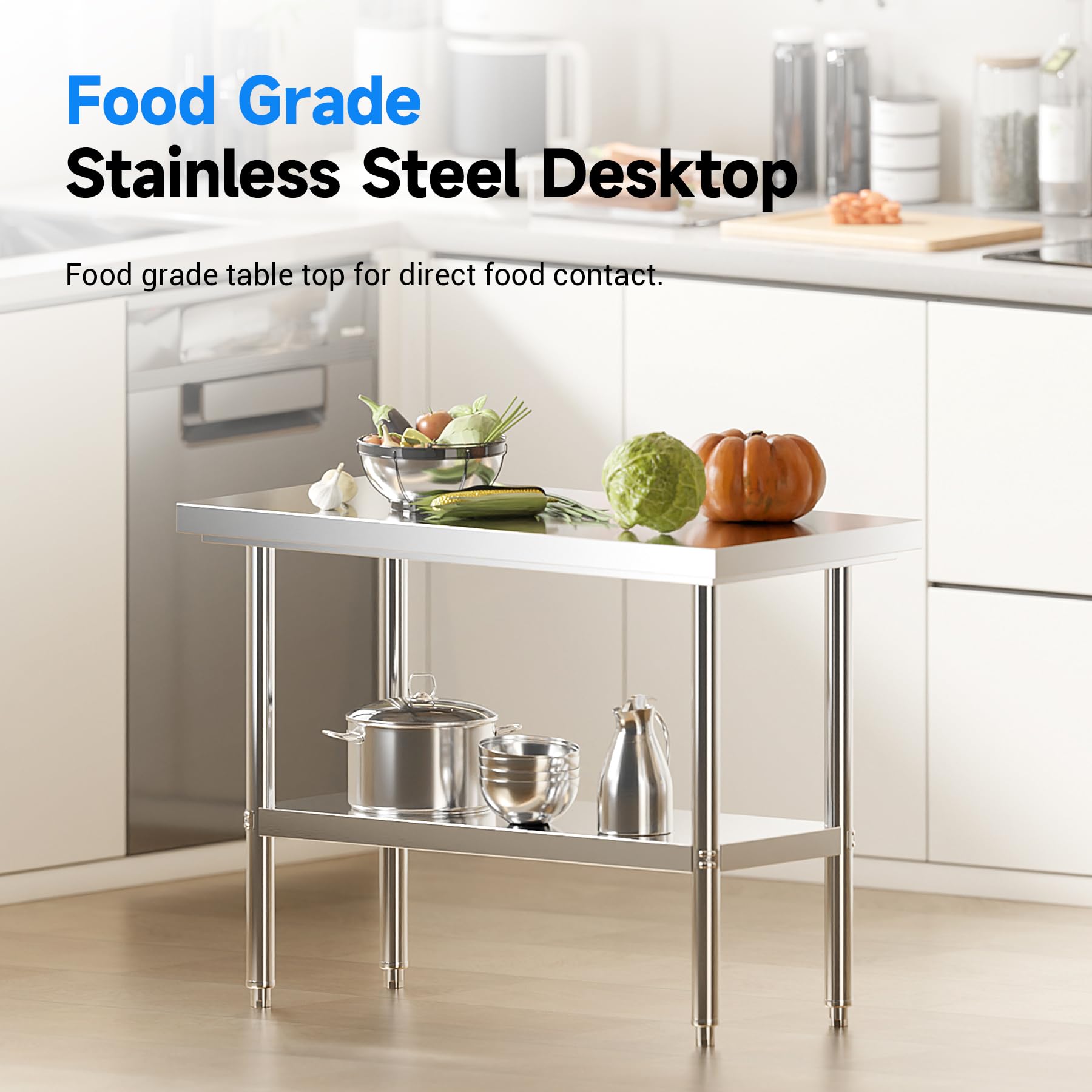LEEVOT Tavolo da Cucina Professionale in Acciaio Inox, 2 Ripiani in Legno e Acciaio, per Cucine Professionali, Laboratori, Ristoranti e Bar, Capacità di Carico 150KG/100KG (120x60cm)