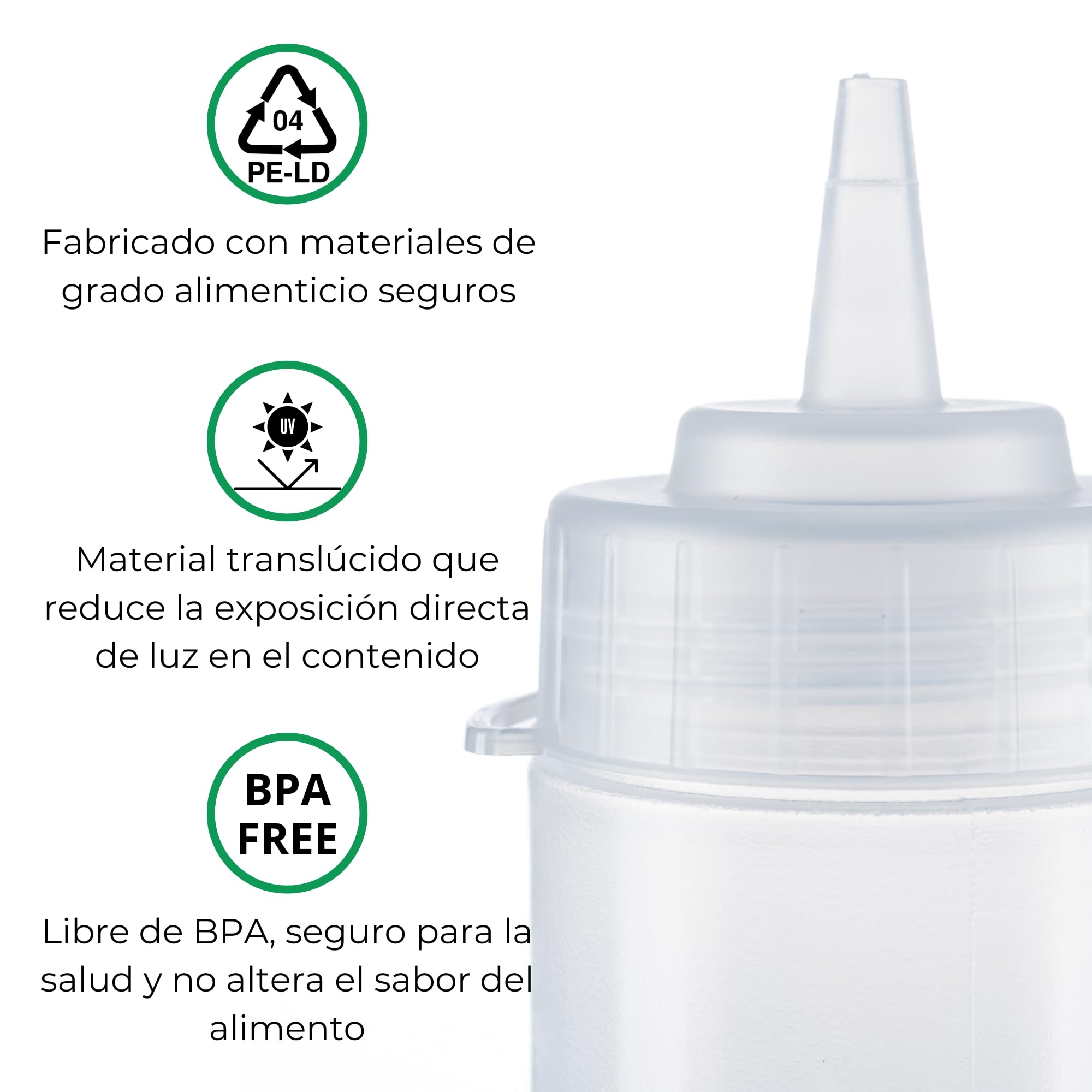 Botella de Salsas Exprimible - 6 Piezas de 250 mL - Hecho en España - Dispensadores Reutilizables y Reciclables - Sin BPA, Tapón Antifugas para Salsas y Condimentos (Transparente)