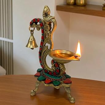 LoveNspire 1CT Brass Oil Lamp Diya with Bells Oil Wick Diya for Home Temple Mandir Office Indian Festival Diwali Decoration Kathu Vilakku Puja Diya - Deepawali Housewarming Return Gift Pattern 1